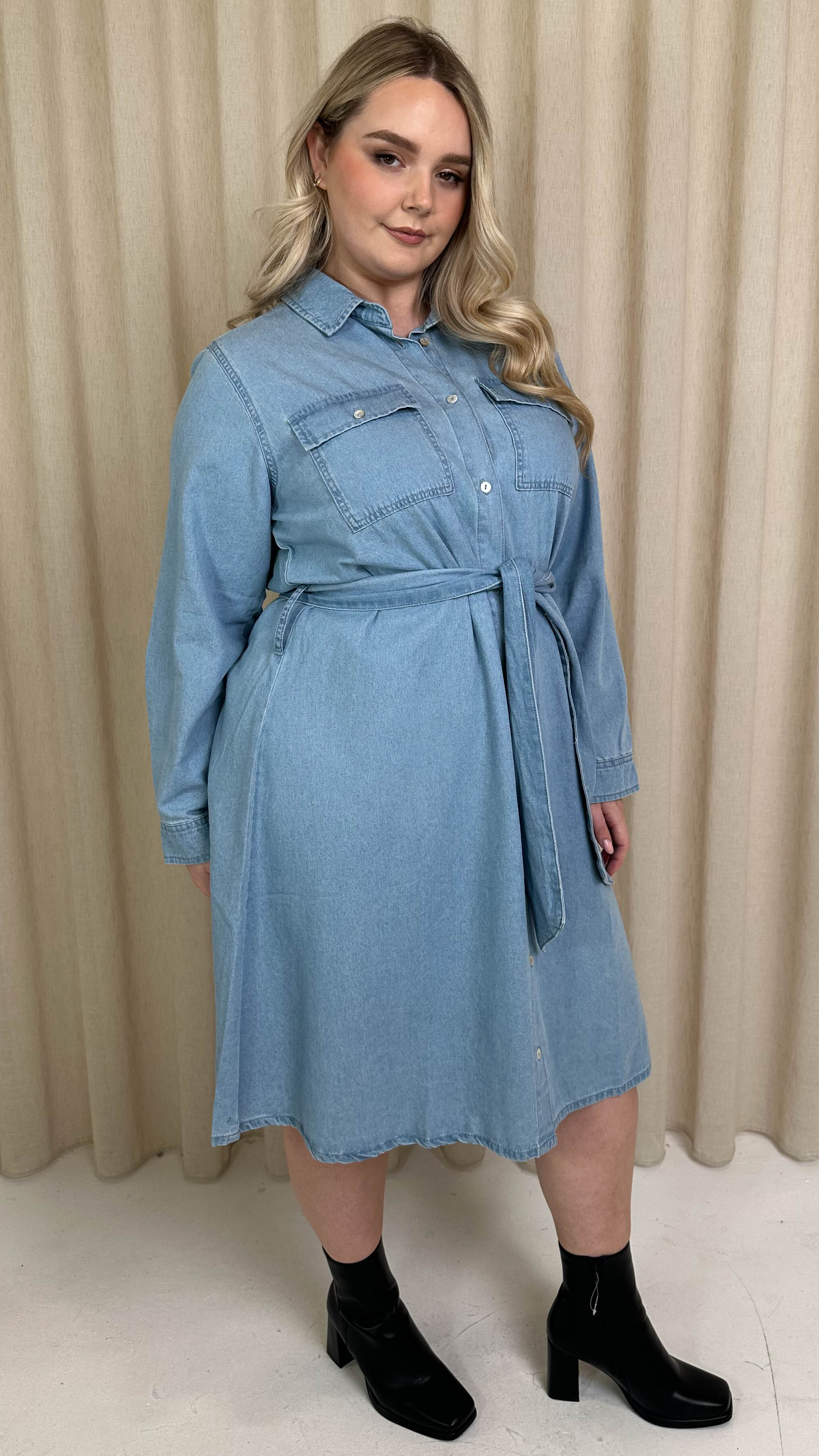 CurveWow Denim Belted Oversized Shirt Dress Mid Blue Wash - Image 6