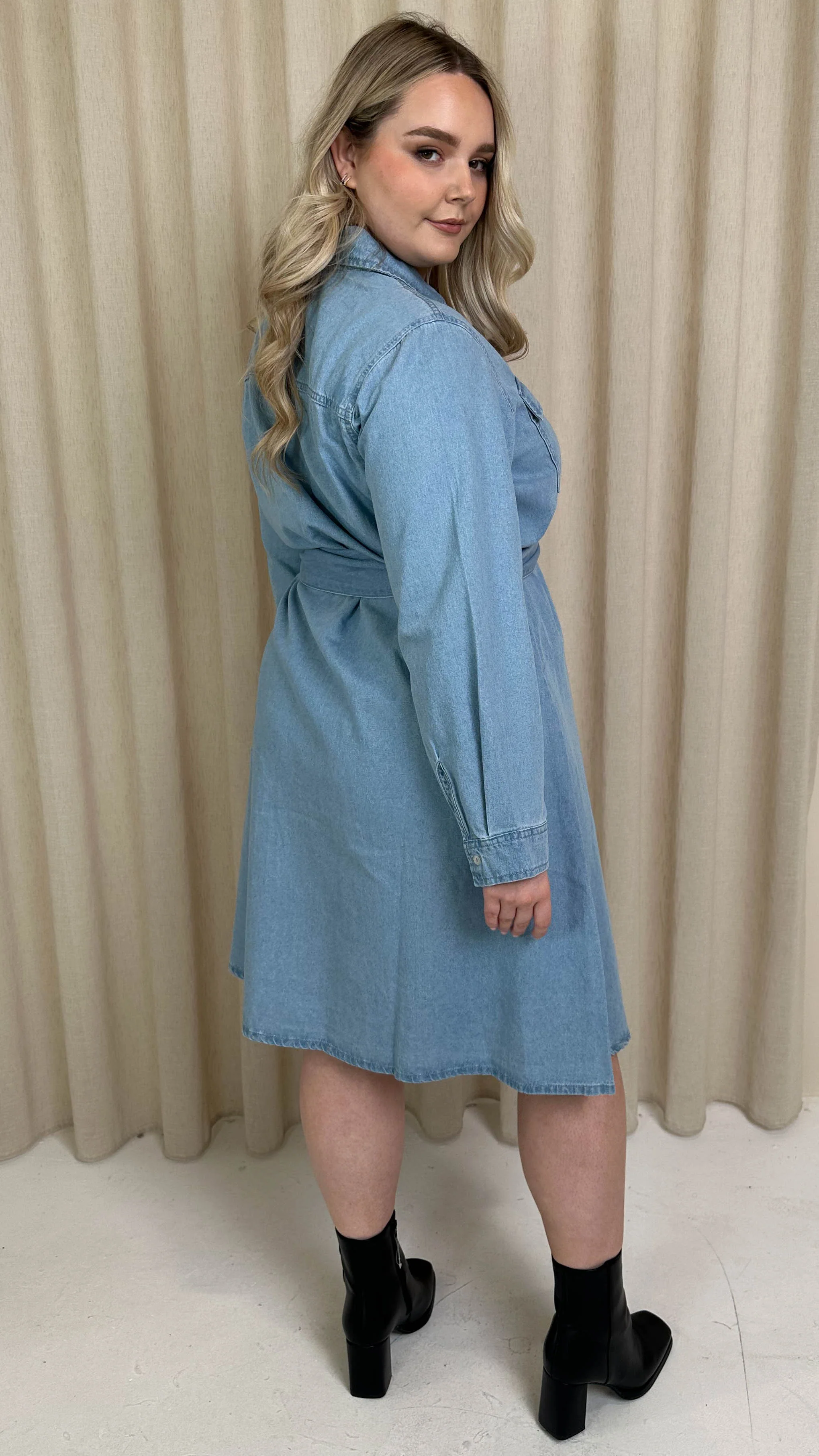 CurveWow Denim Belted Oversized Shirt Dress Mid Blue Wash - Image 7