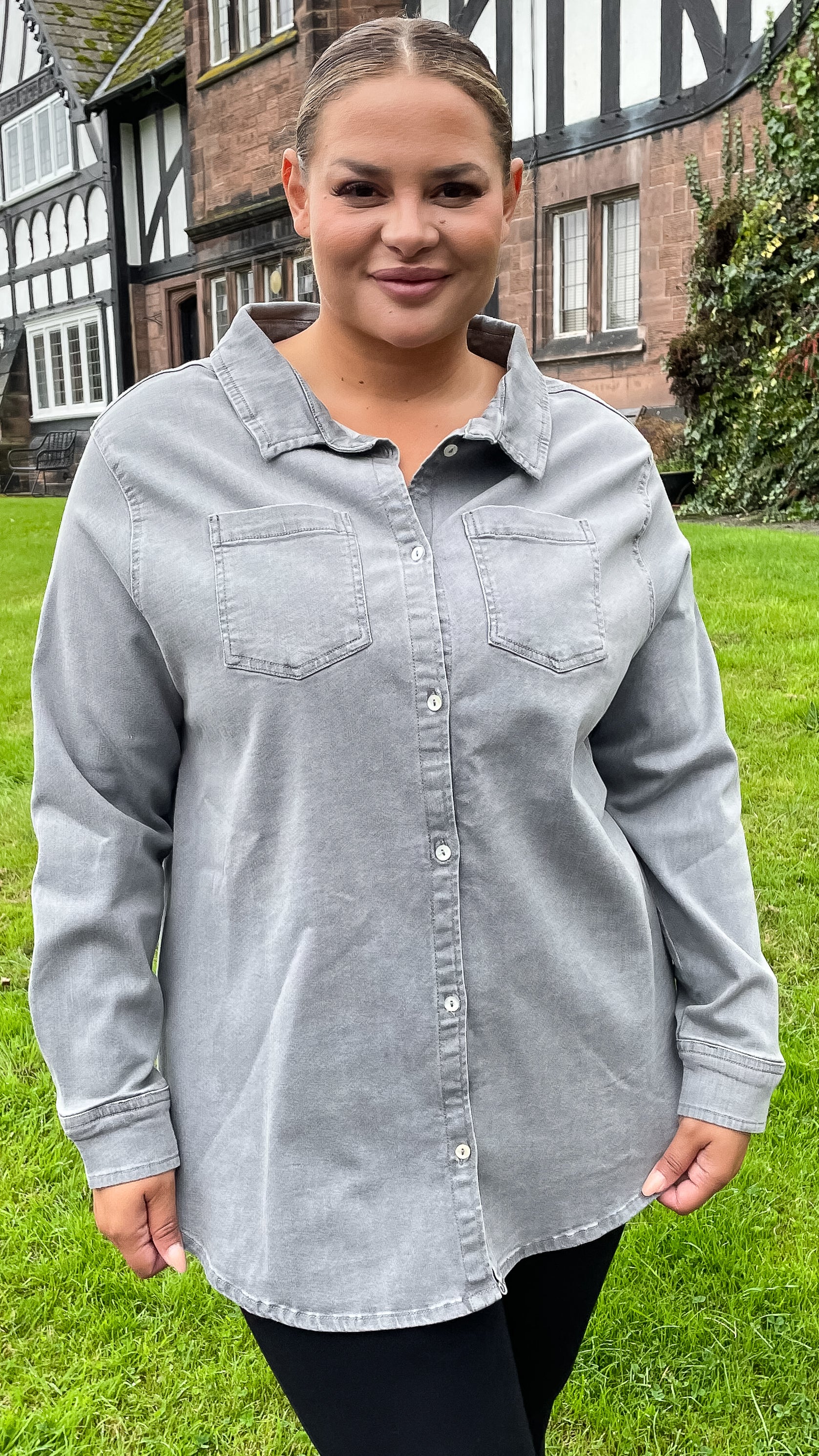 CurveWow Denim Oversized Shirt Charcoal Grey - Image 2
