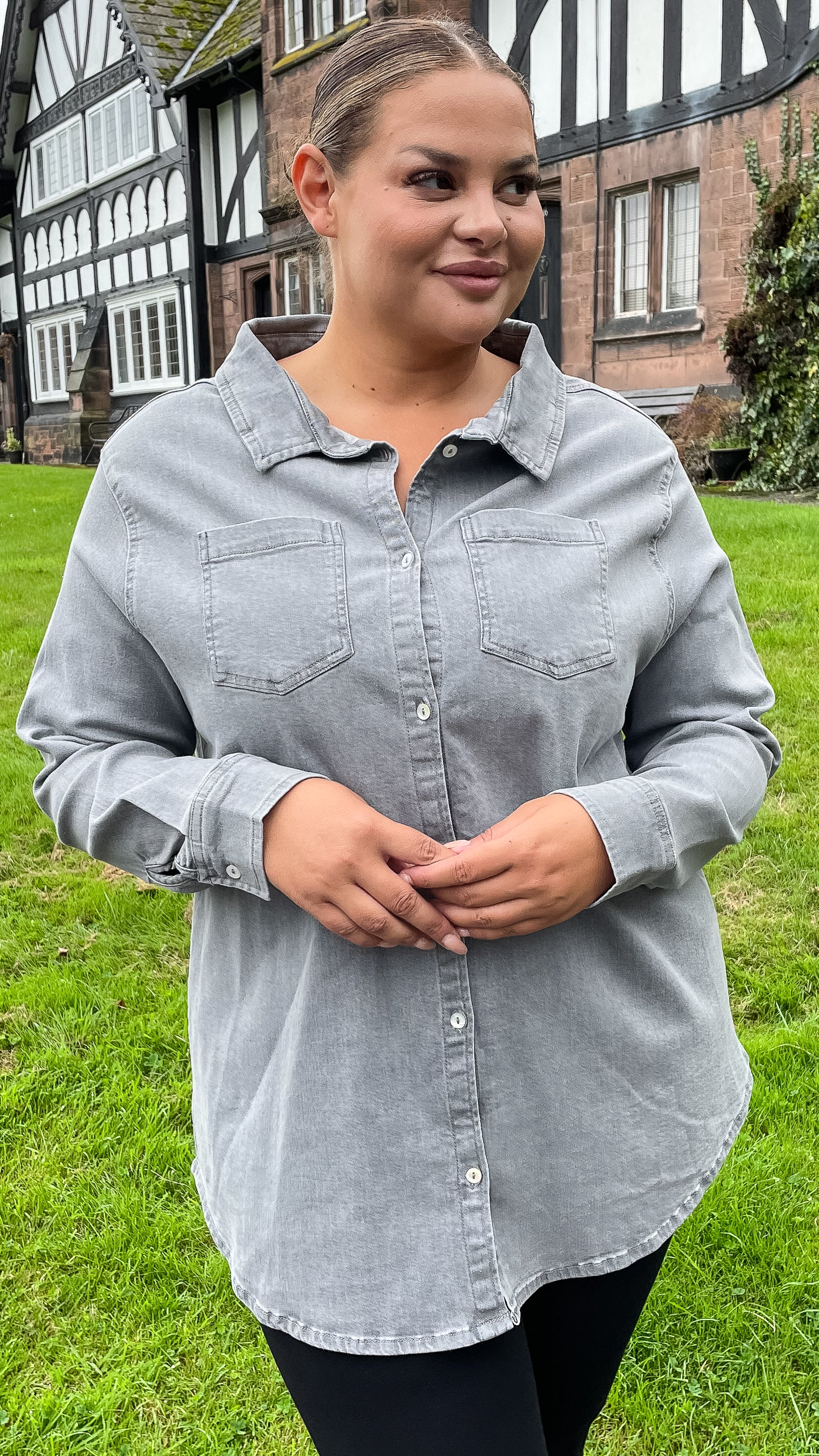 CurveWow Denim Oversized Shirt Charcoal Grey - Image 7