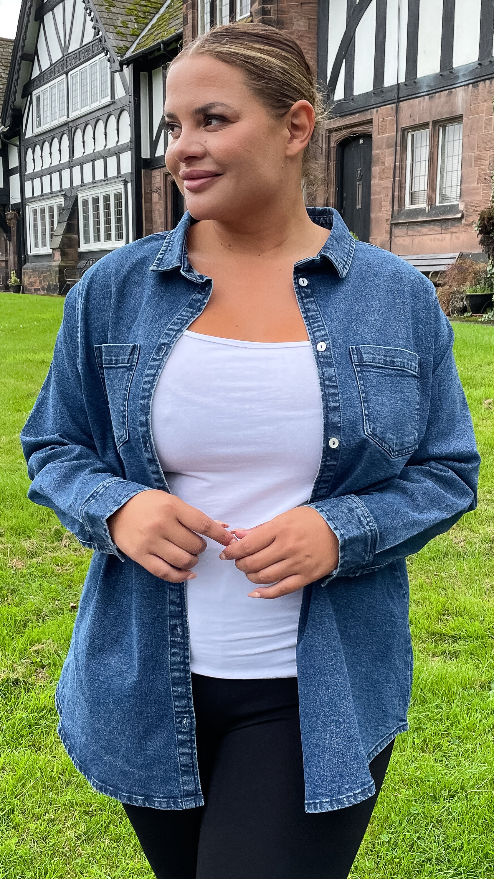 CurveWow Denim Oversized Shirt Mid Blue Wash - Image 6