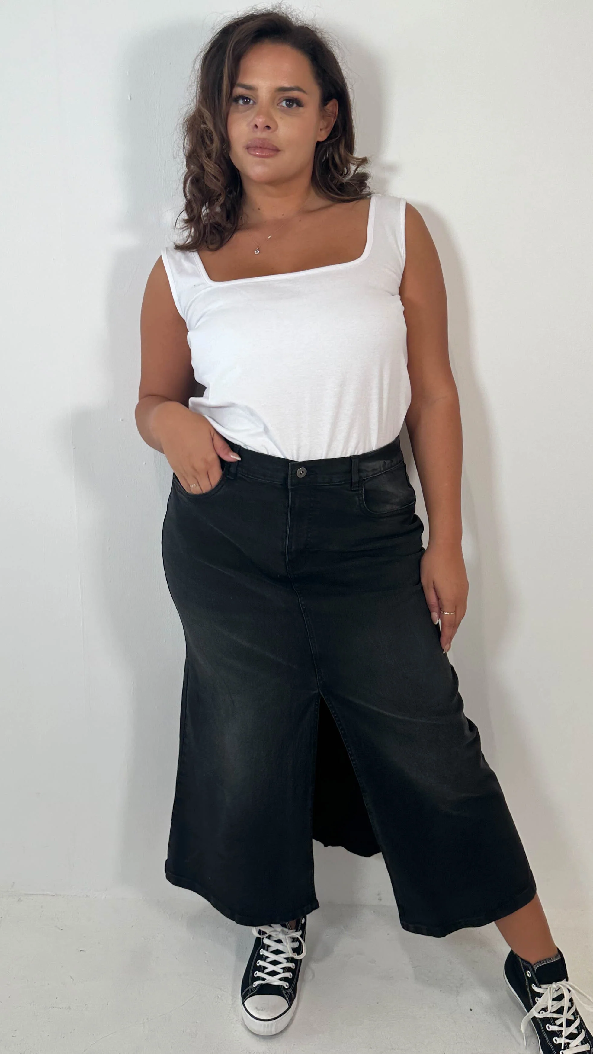 CurveWow Denim Split Front Midaxi Skirt Black - Image 6