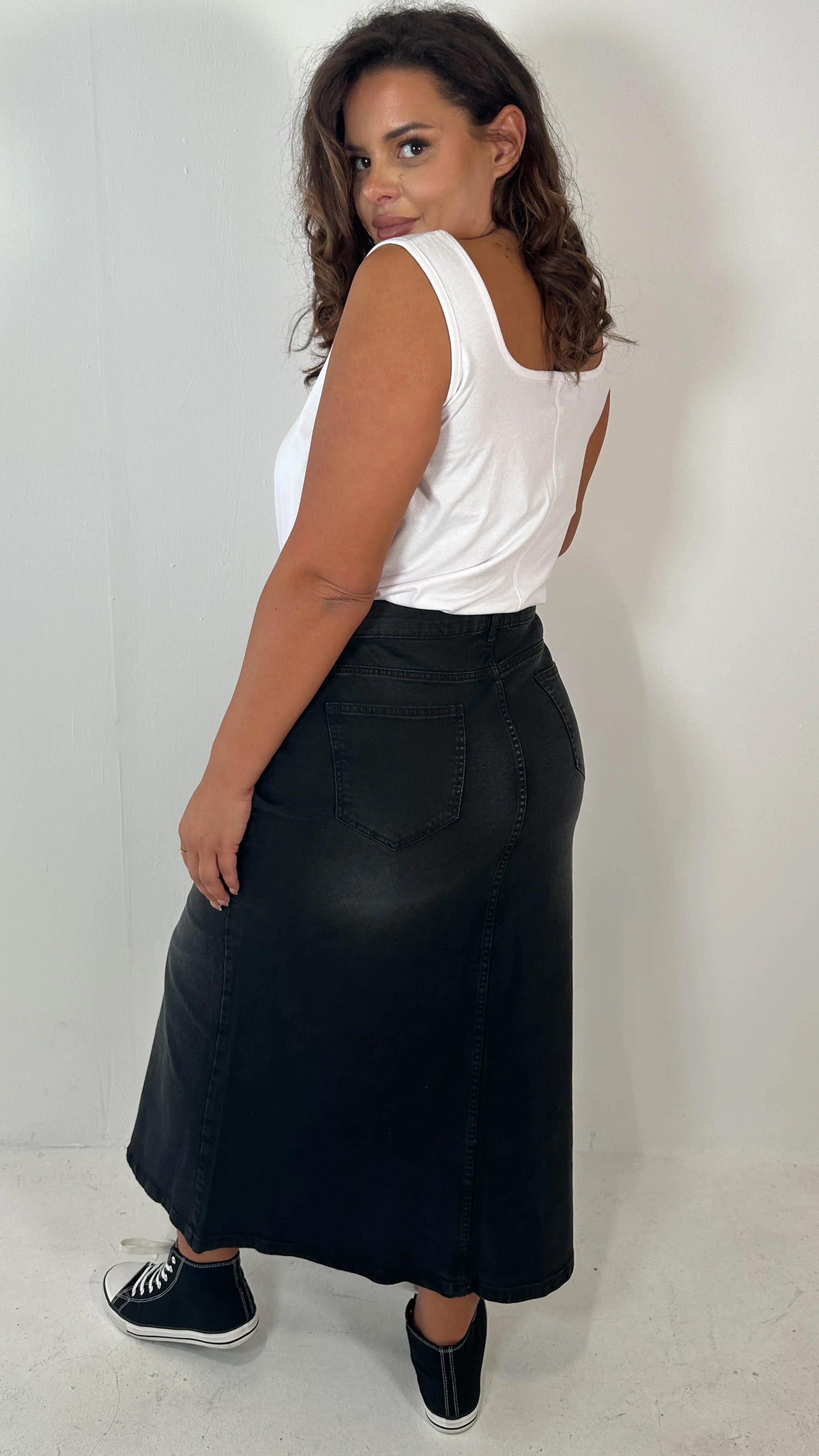 CurveWow Denim Split Front Midaxi Skirt Black - Image 8
