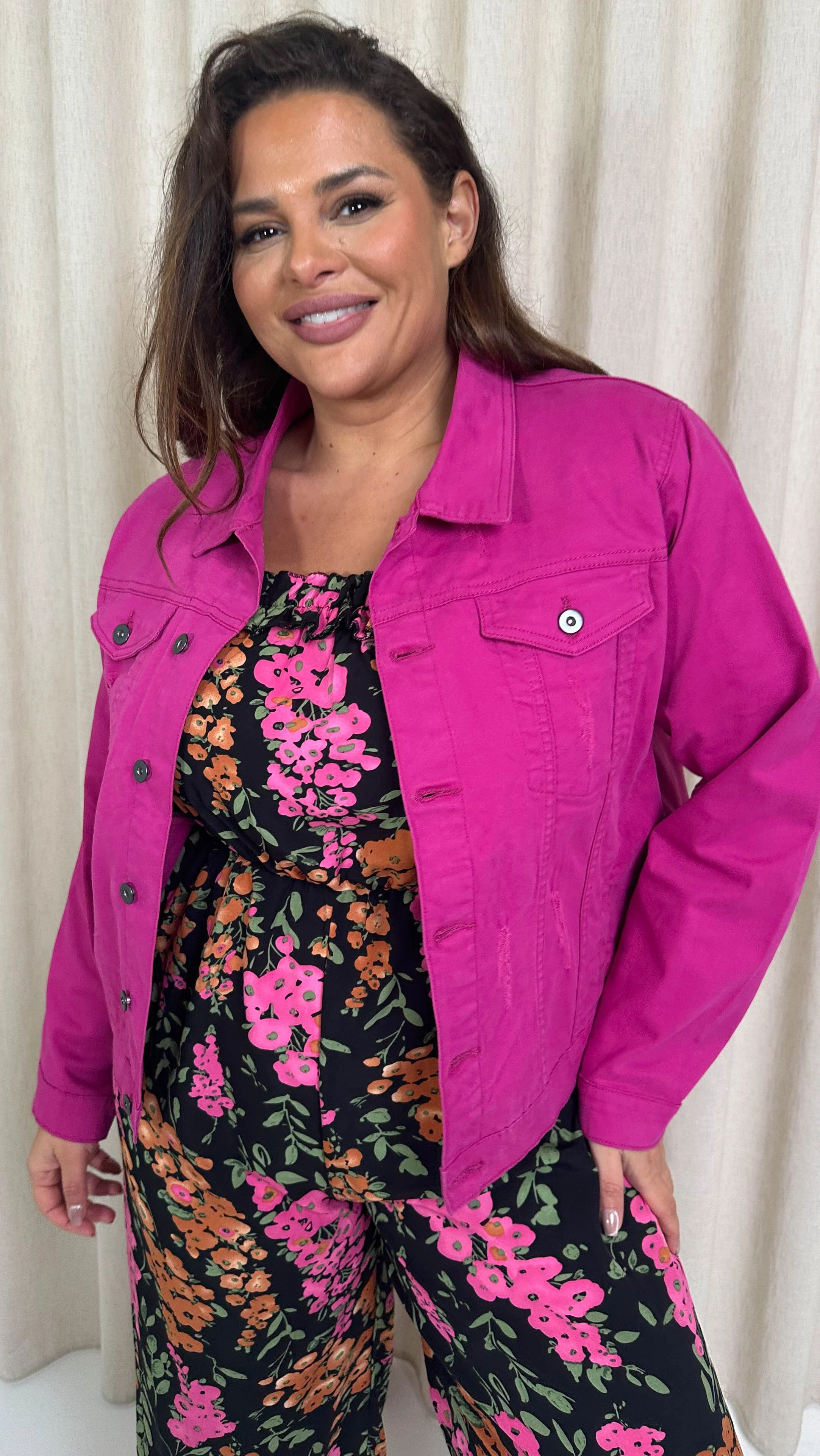 CurveWow Distressed Denim Jacket Magenta Pink - Image 3