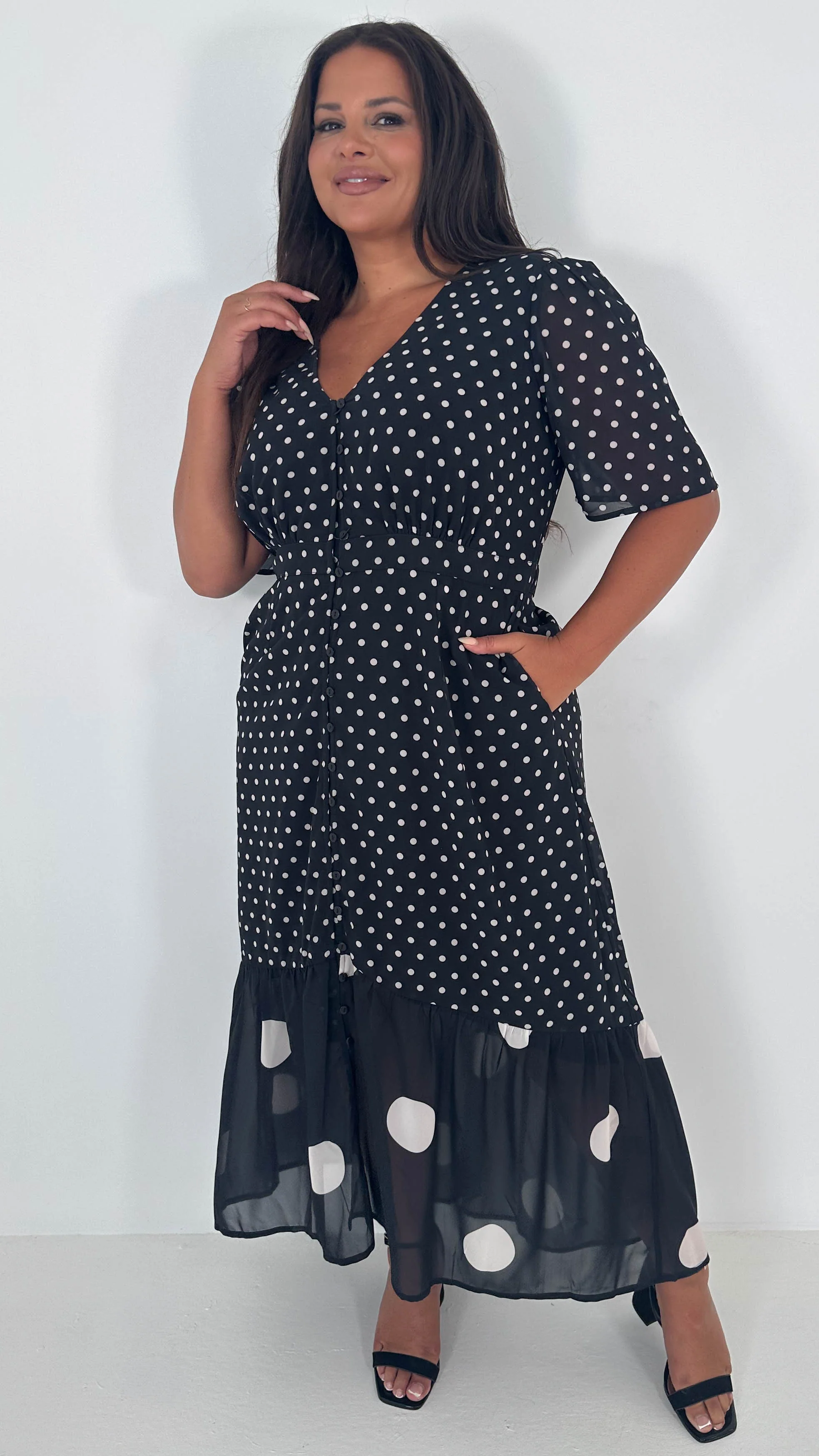 CurveWow Double Spot Frill Hem Maxi Dress Black - Image 3