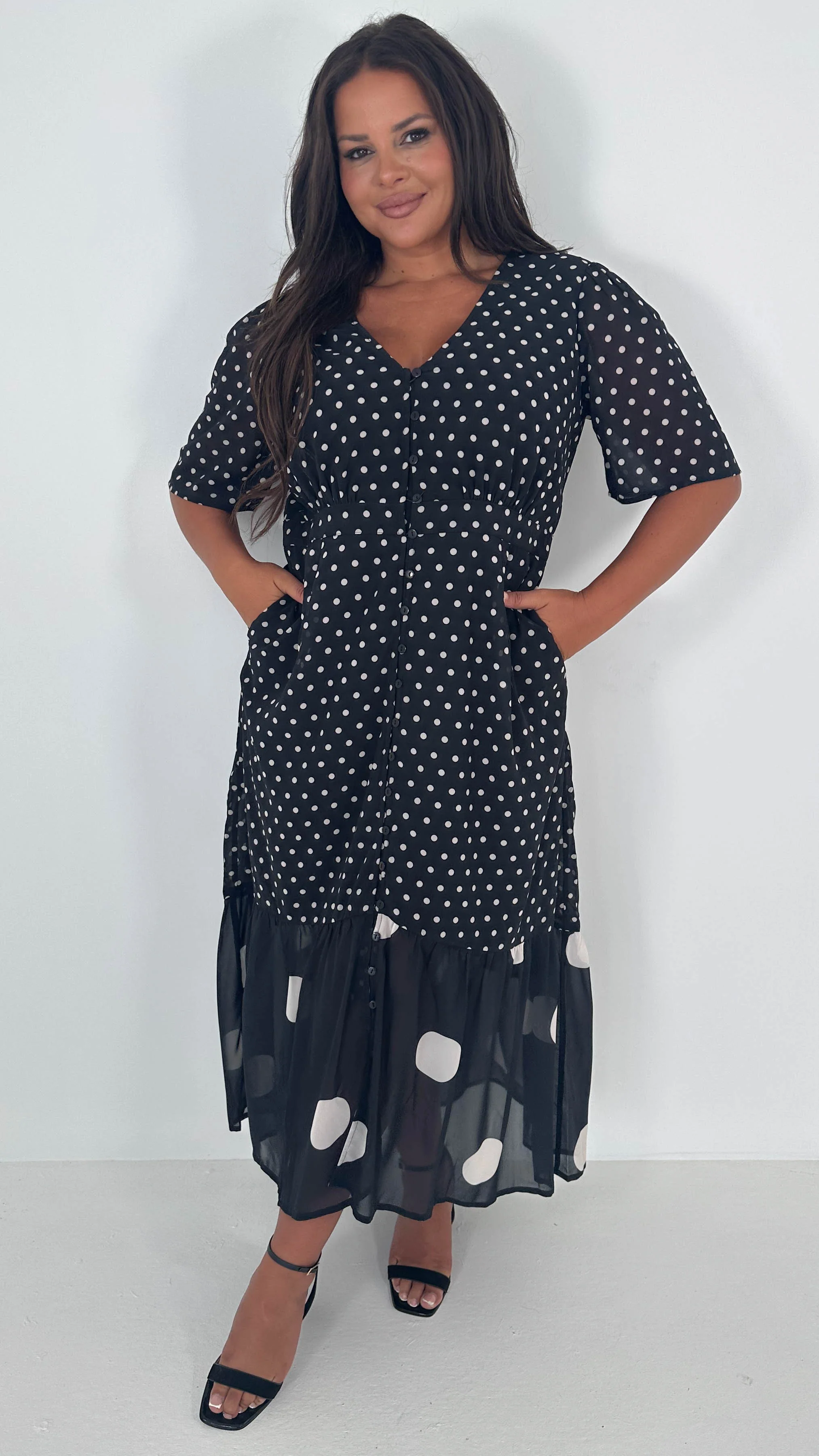 CurveWow Double Spot Frill Hem Maxi Dress Black - Image 5