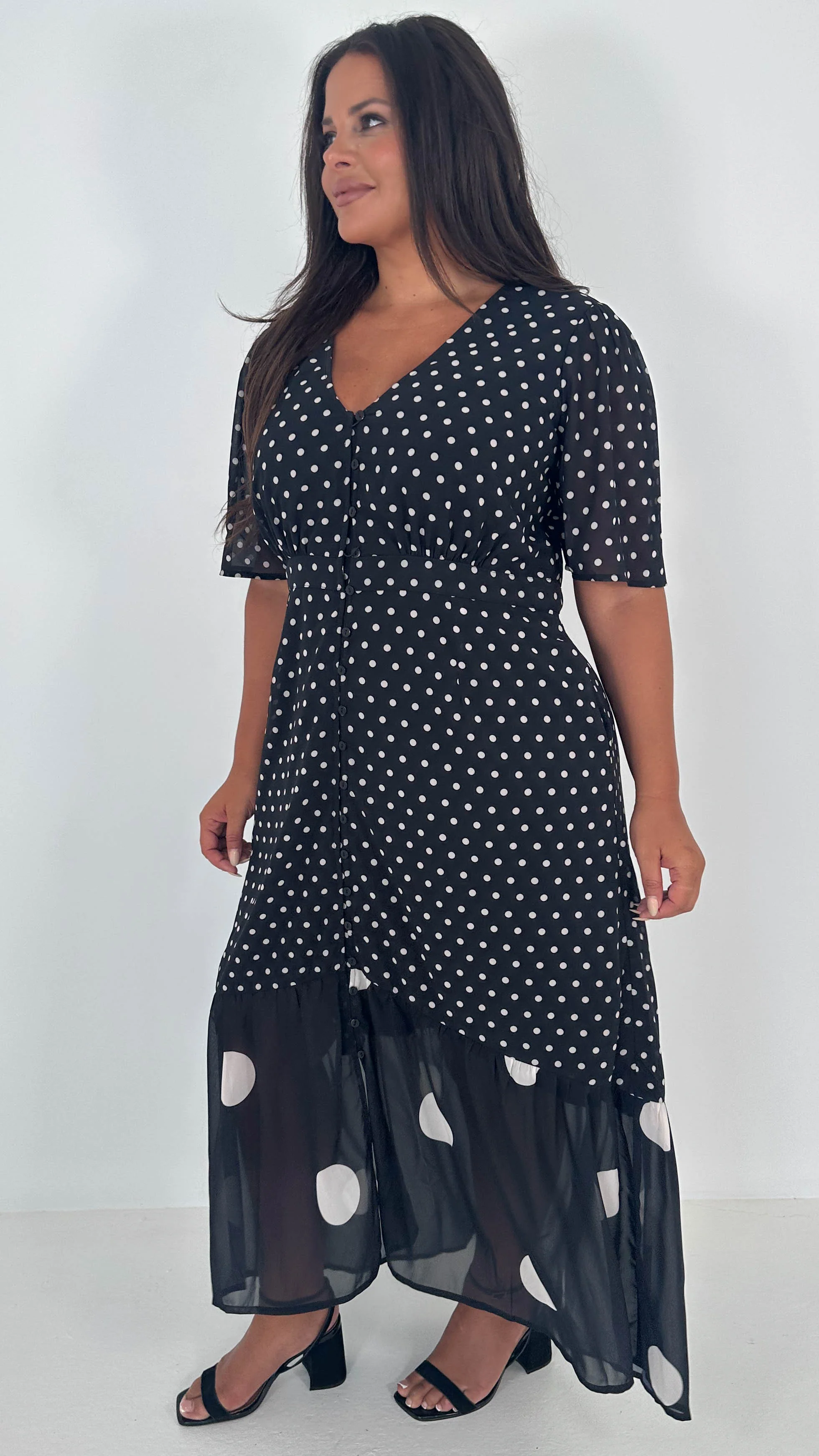 CurveWow Double Spot Frill Hem Maxi Dress Black - Image 7