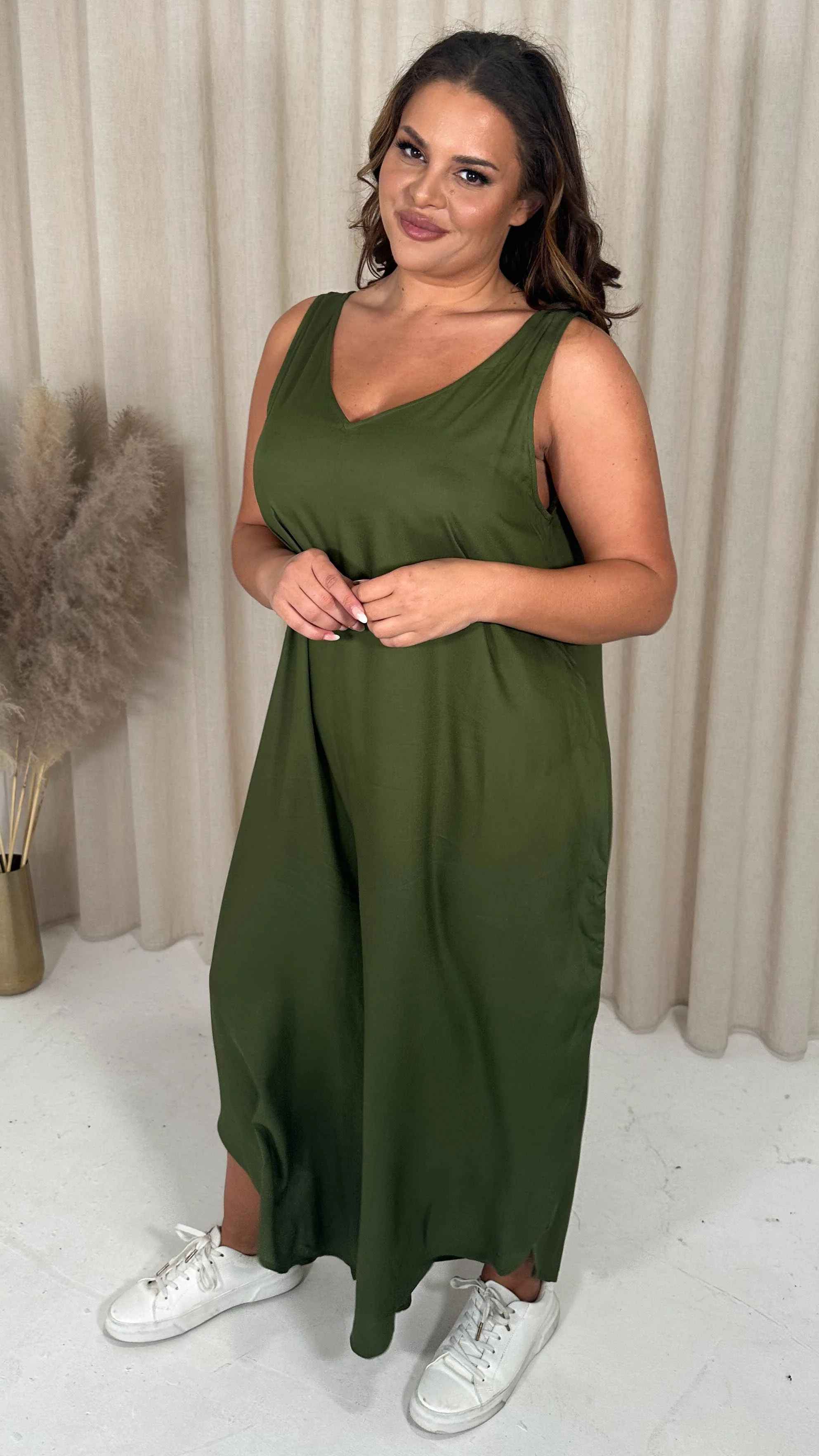 CurveWow Double V Neck Dip Hem Jumpsuit Khaki - Image 6