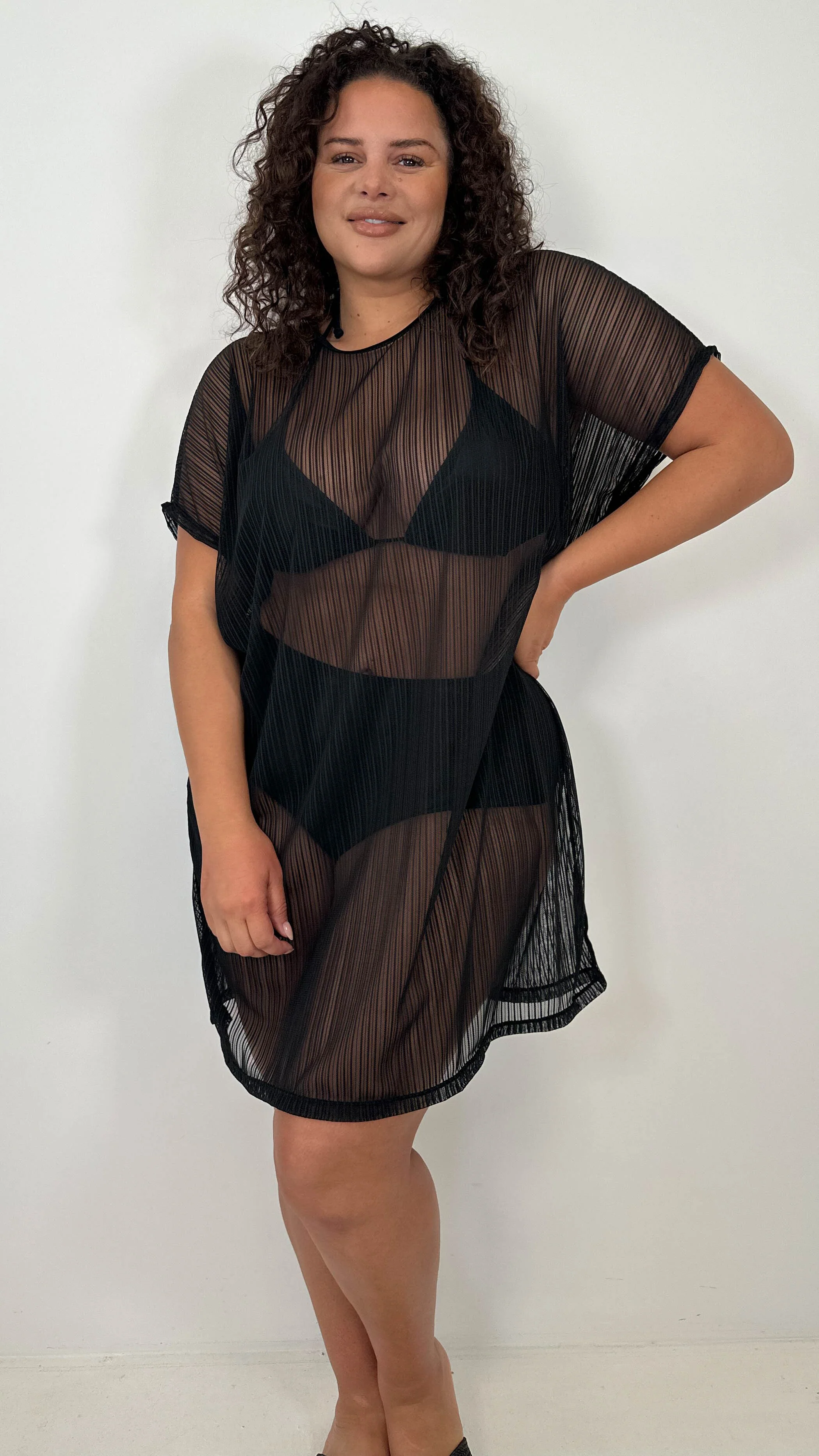 CurveWow Drop Shoulder Beach Dress & Bikini Set Black - Image 3