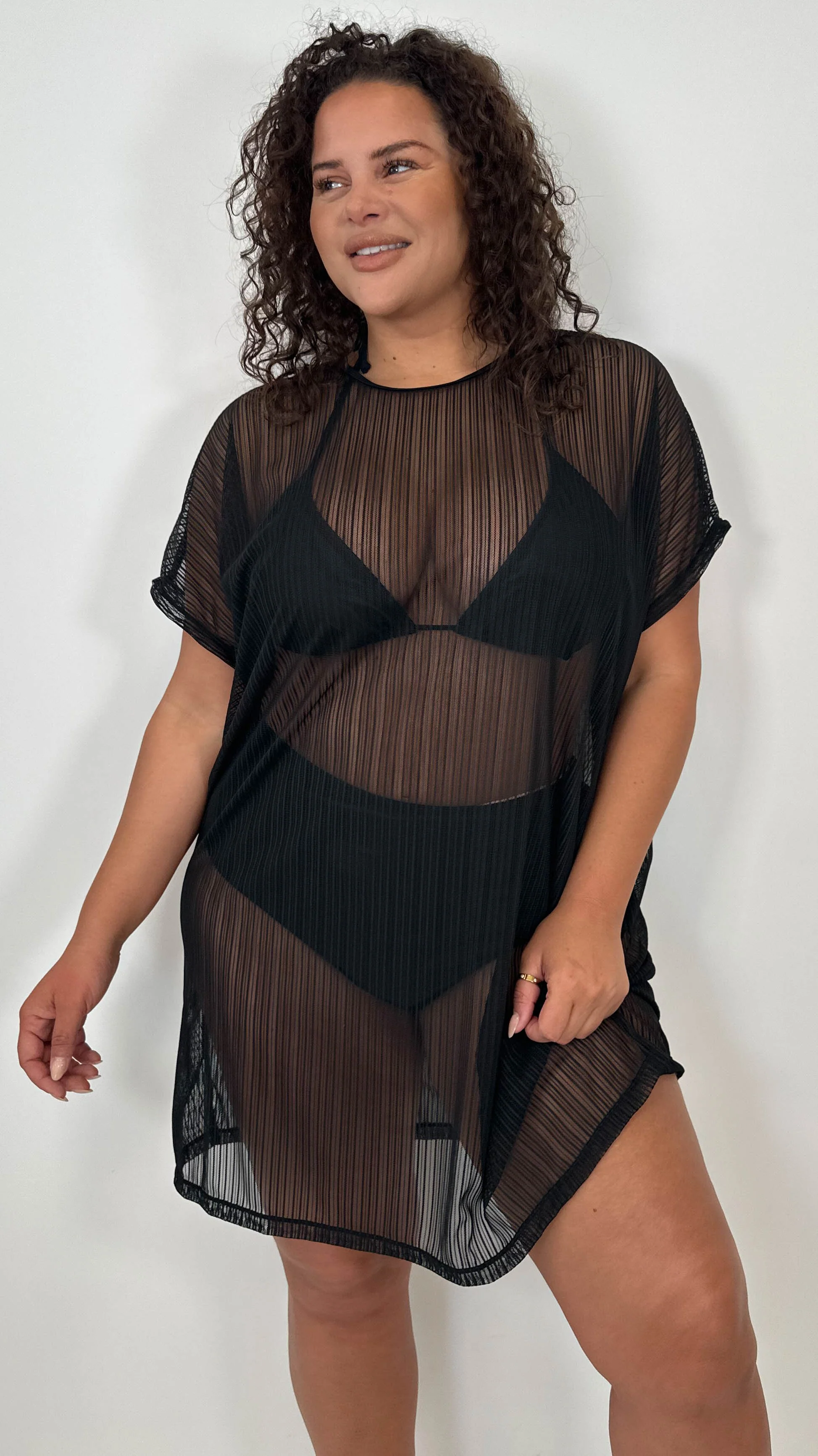 CurveWow Drop Shoulder Beach Dress & Bikini Set Black - Image 7