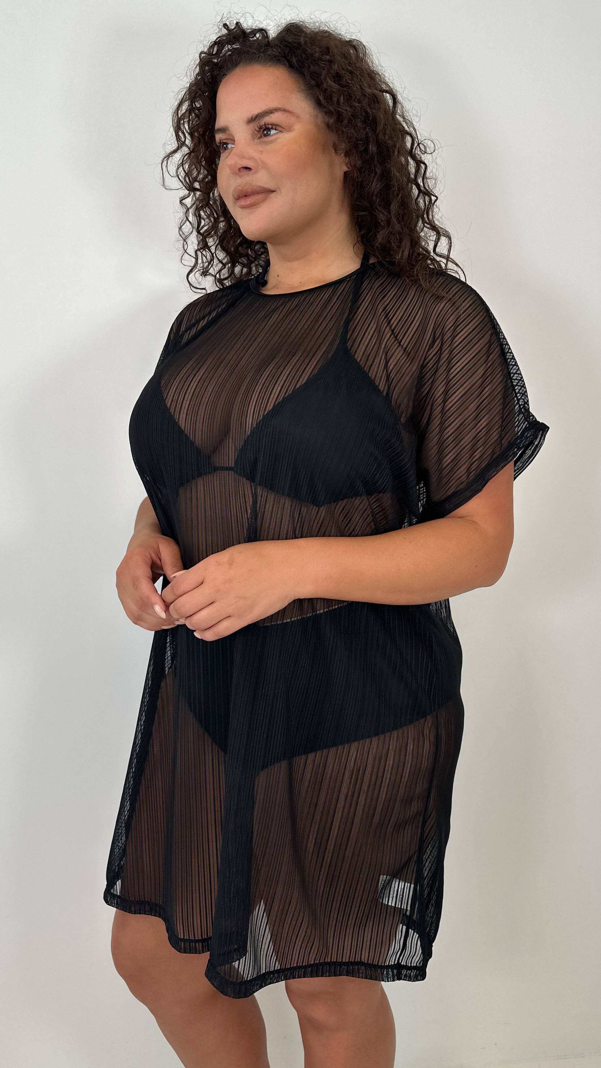 CurveWow Drop Shoulder Beach Dress & Bikini Set Black - Image 8