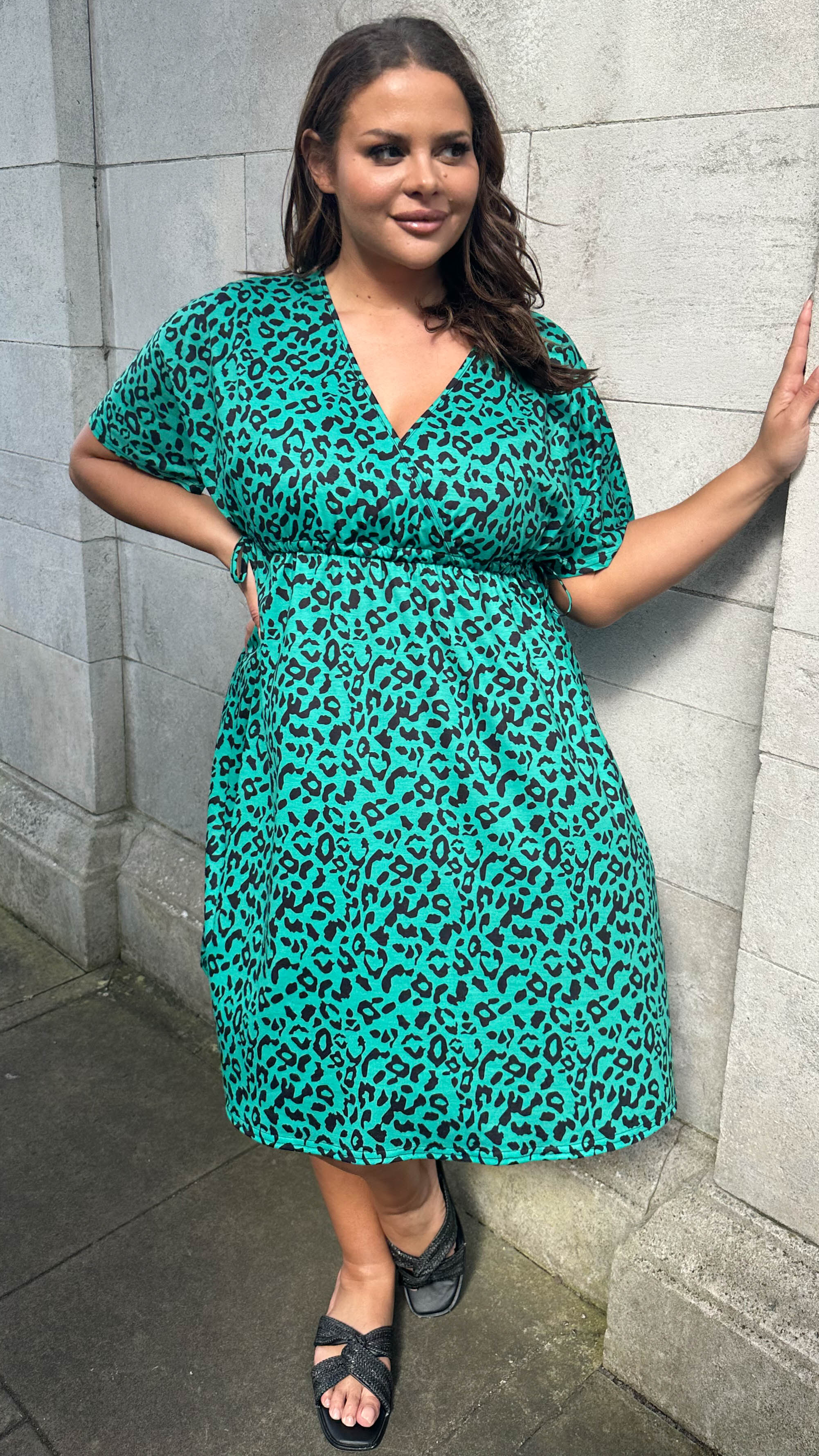 CurveWow Wrap Channel Waist Dress Green Animal - Image 4