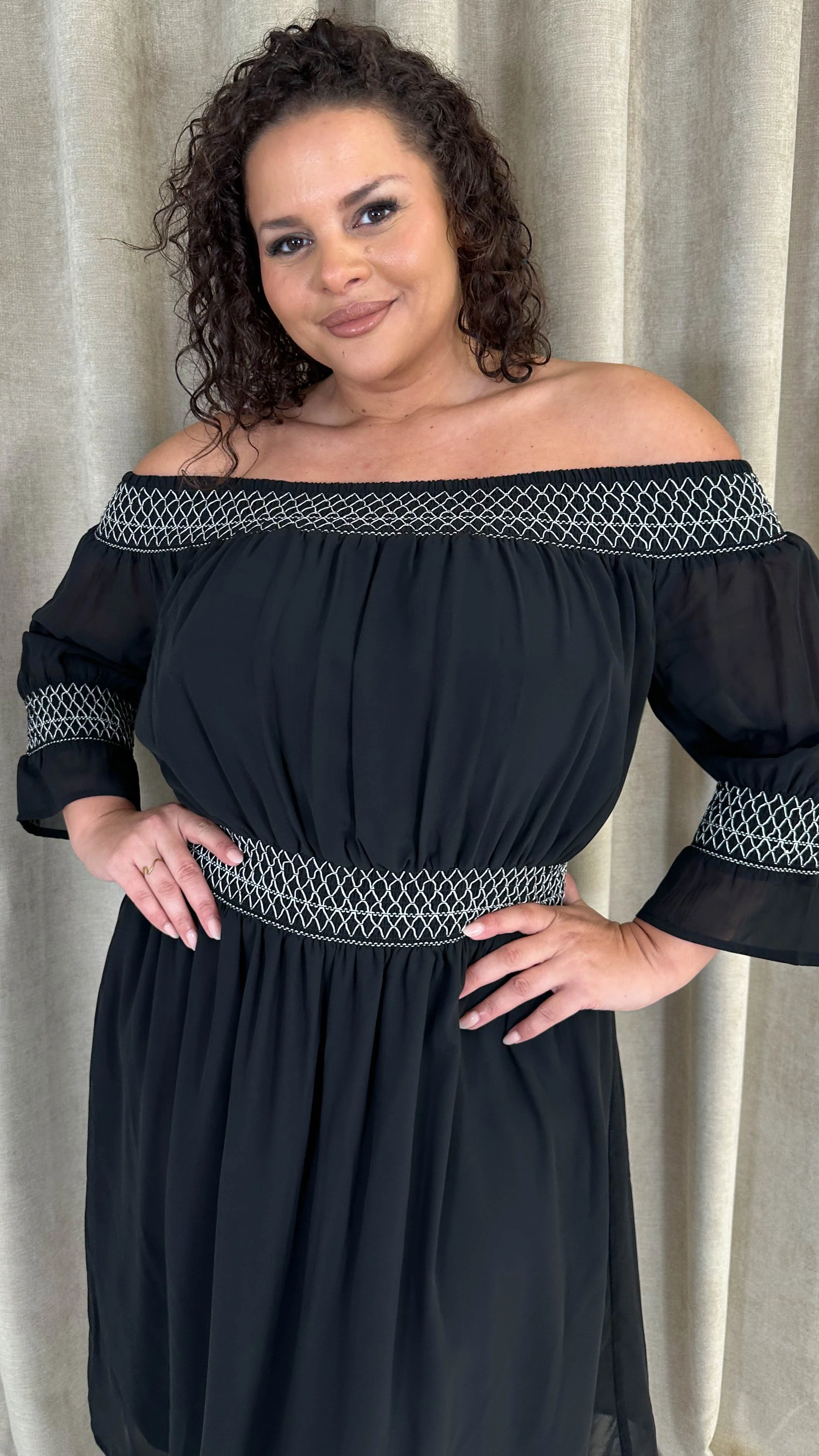 CurveWow Elasticated Smock Bardot Dress Black - Image 2
