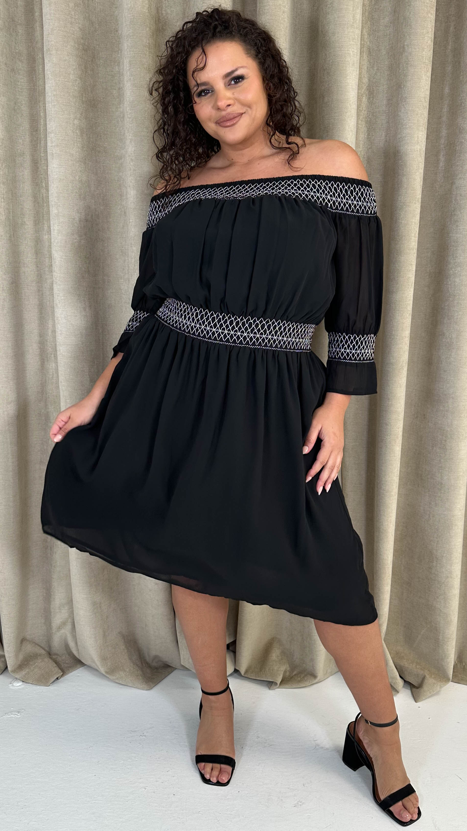 CurveWow Elasticated Smock Bardot Dress Black - Image 3