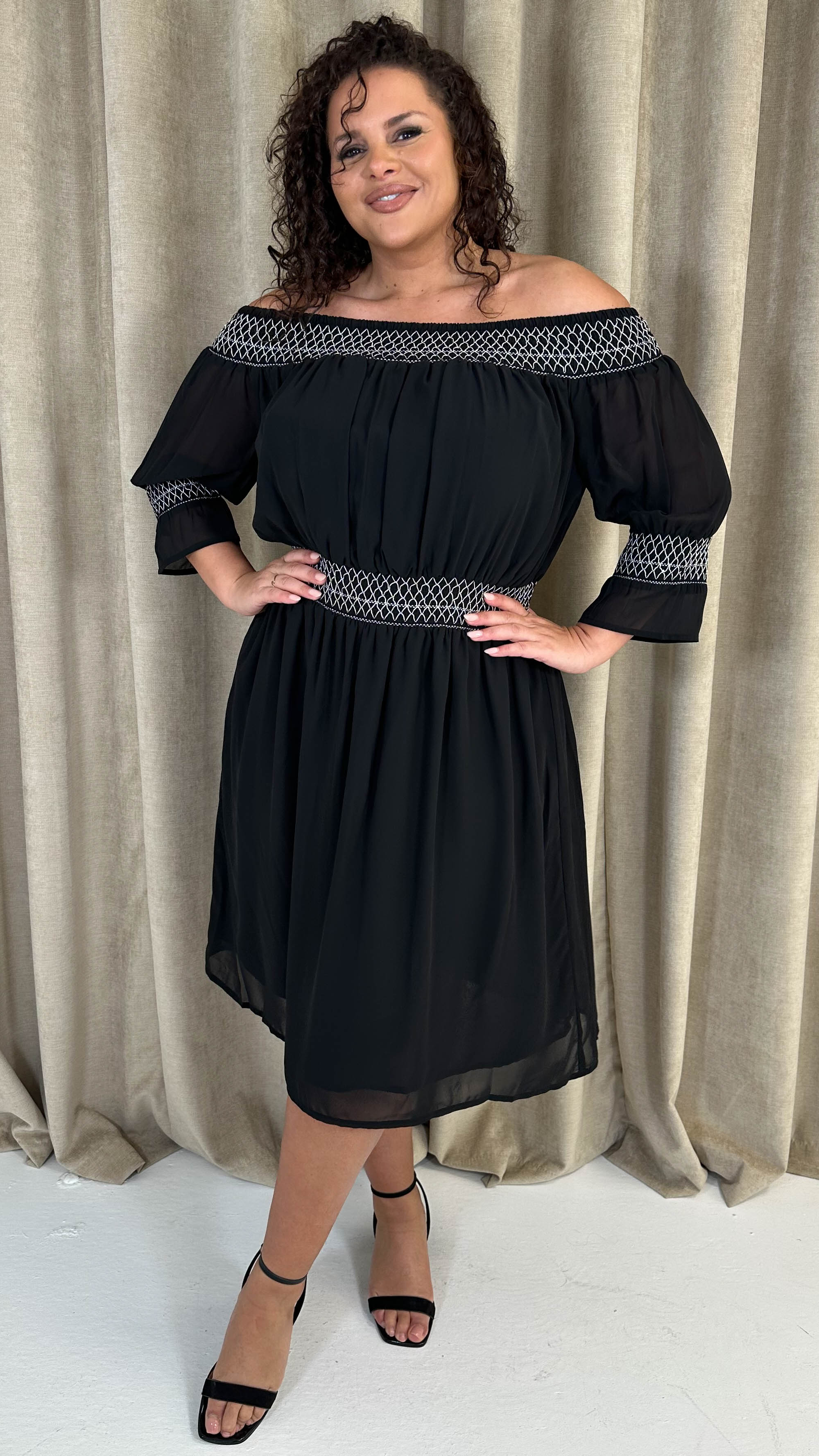 CurveWow Elasticated Smock Bardot Dress Black - Image 4