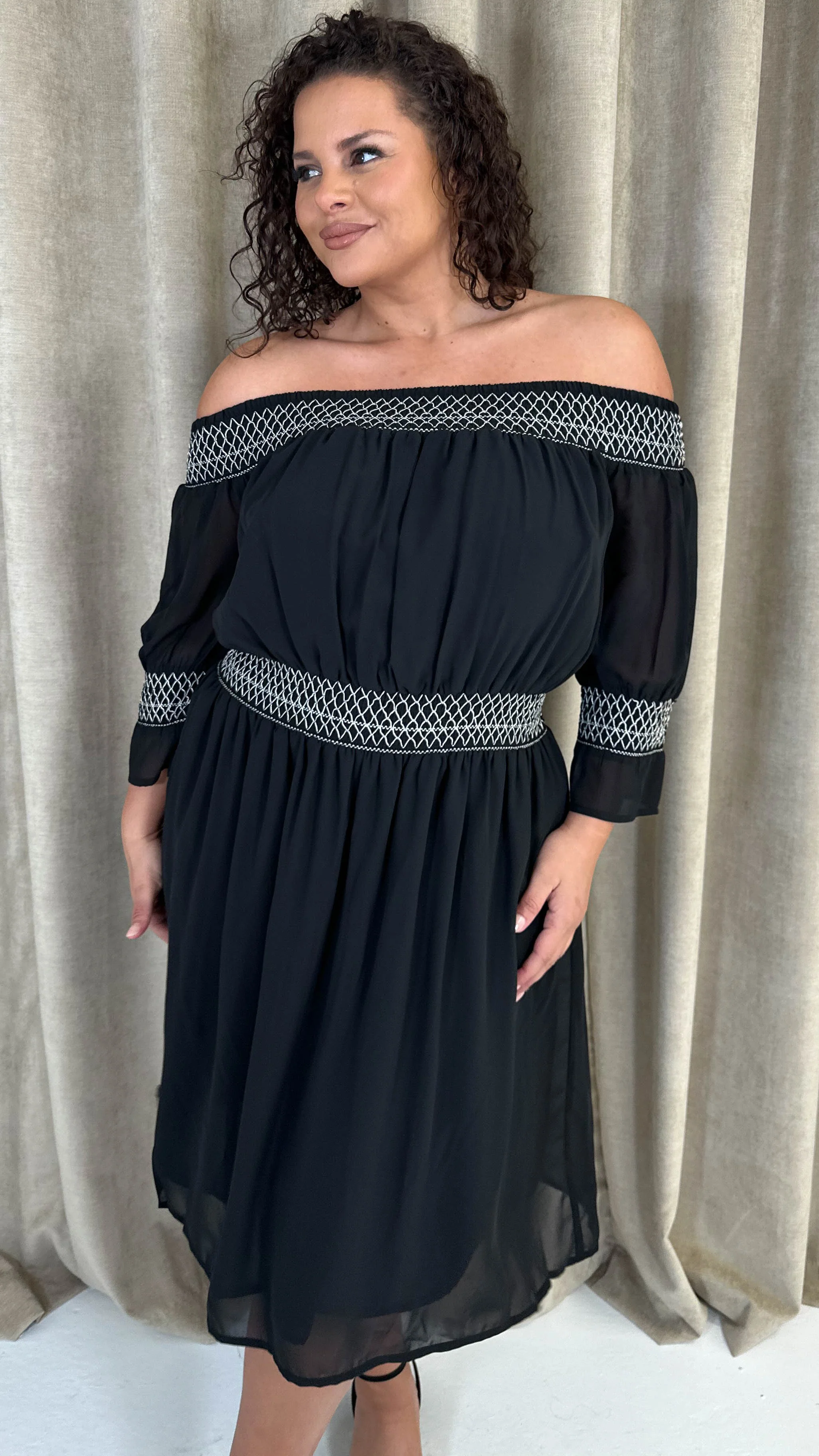 CurveWow Elasticated Smock Bardot Dress Black - Image 5