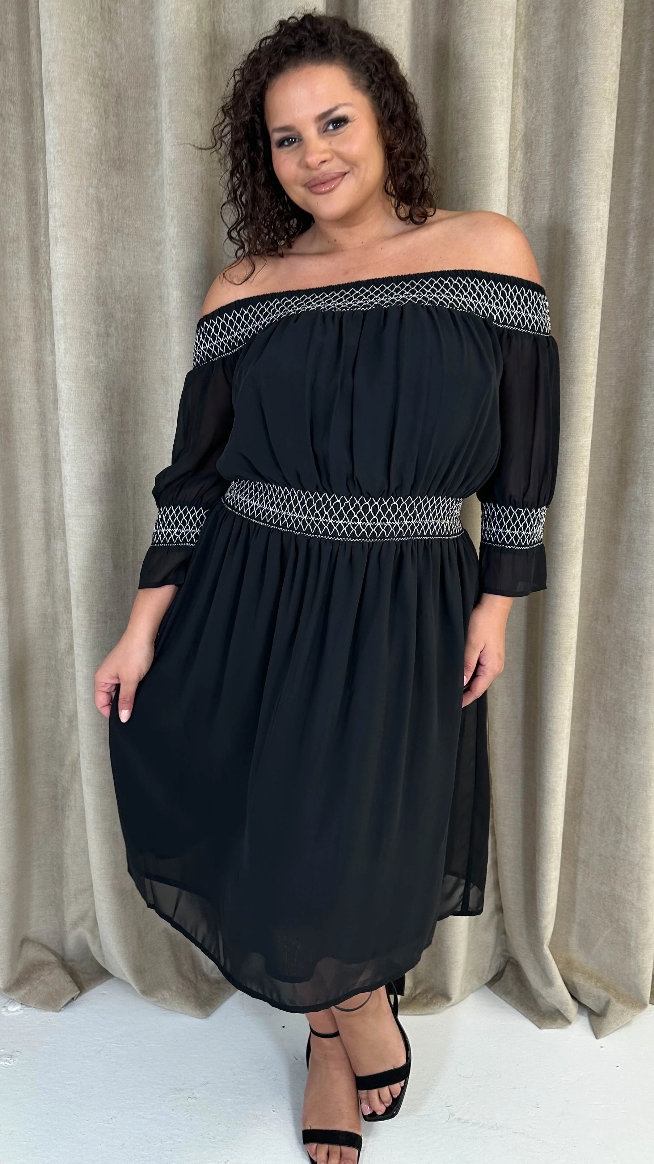 CurveWow Elasticated Smock Bardot Dress Black - Image 6