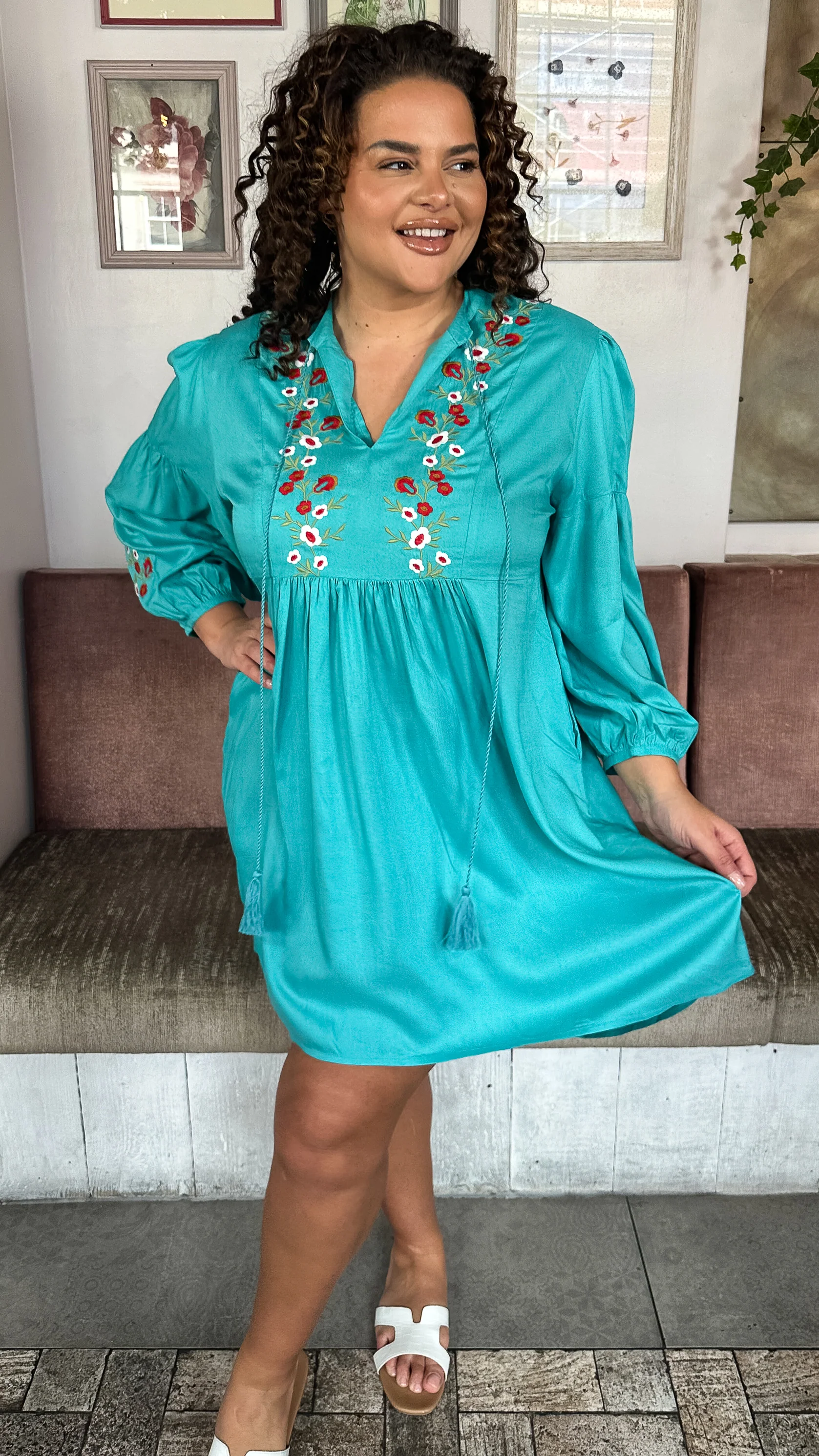 Curvewow Embroidered Tassel Tie Smock Dress Light Blue - Image 2