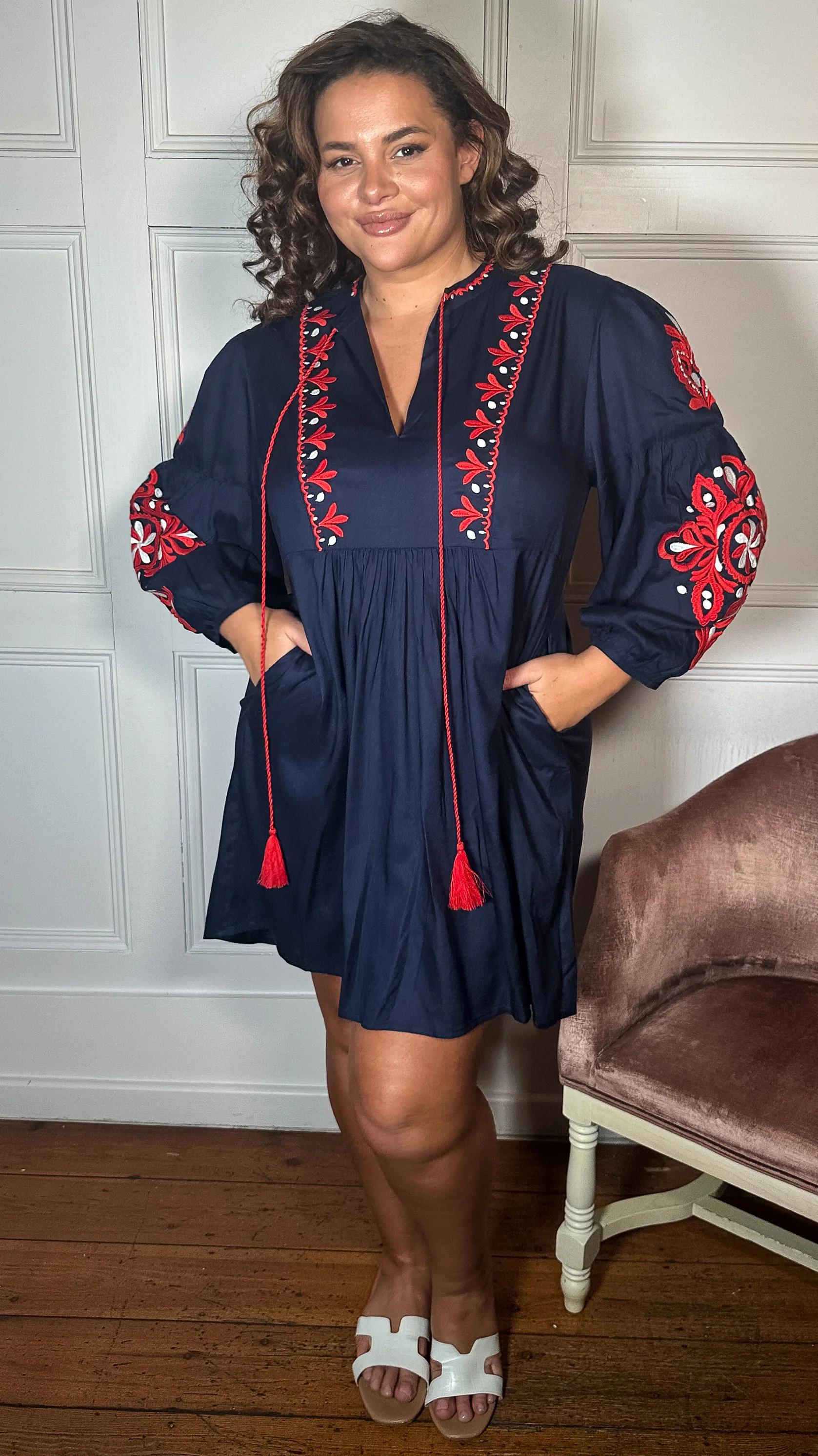 Curvewow Embroidered Tassel Tie Smock Dress Navy - Image 4