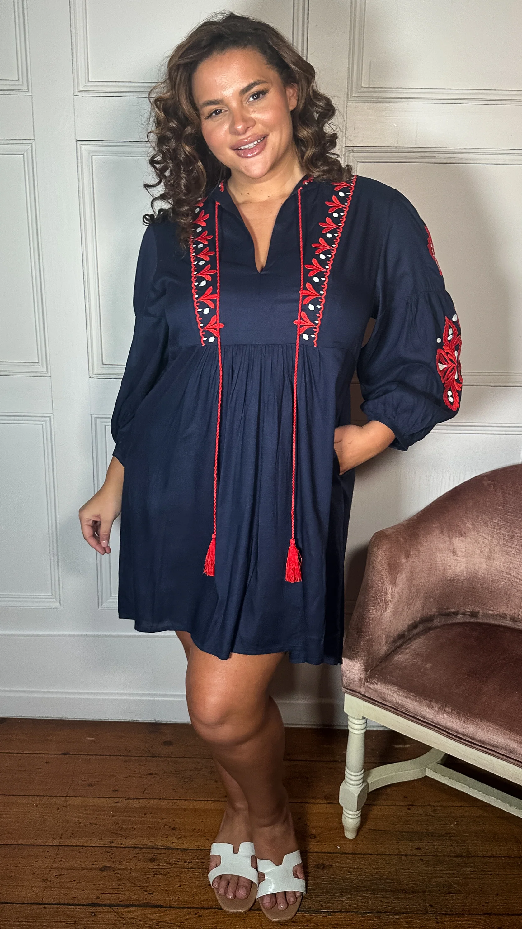 Curvewow Embroidered Tassel Tie Smock Dress Navy - Image 6
