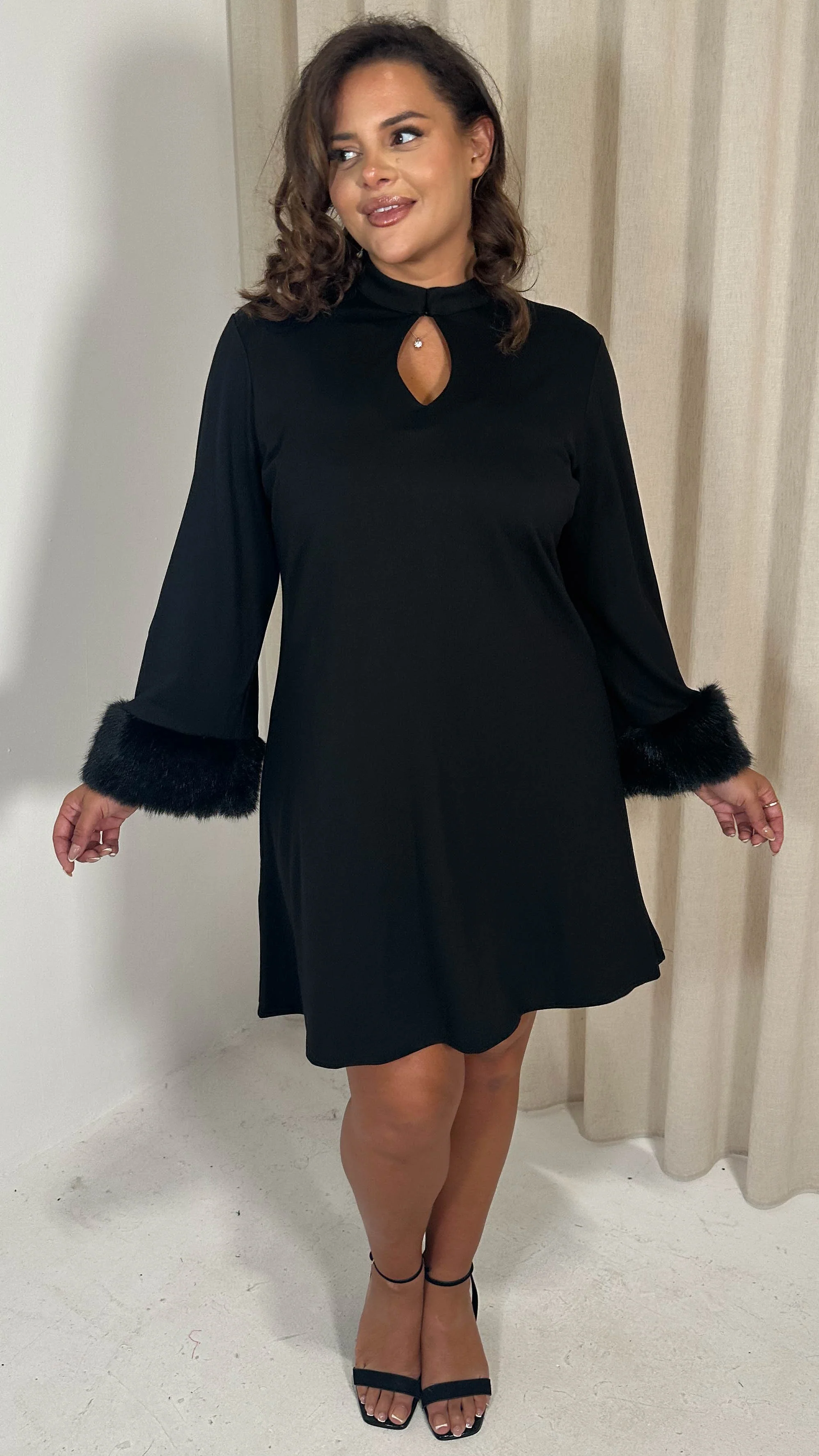 CurveWow Faux Fur Cuff Keyhole Shift Dress Black - Image 2