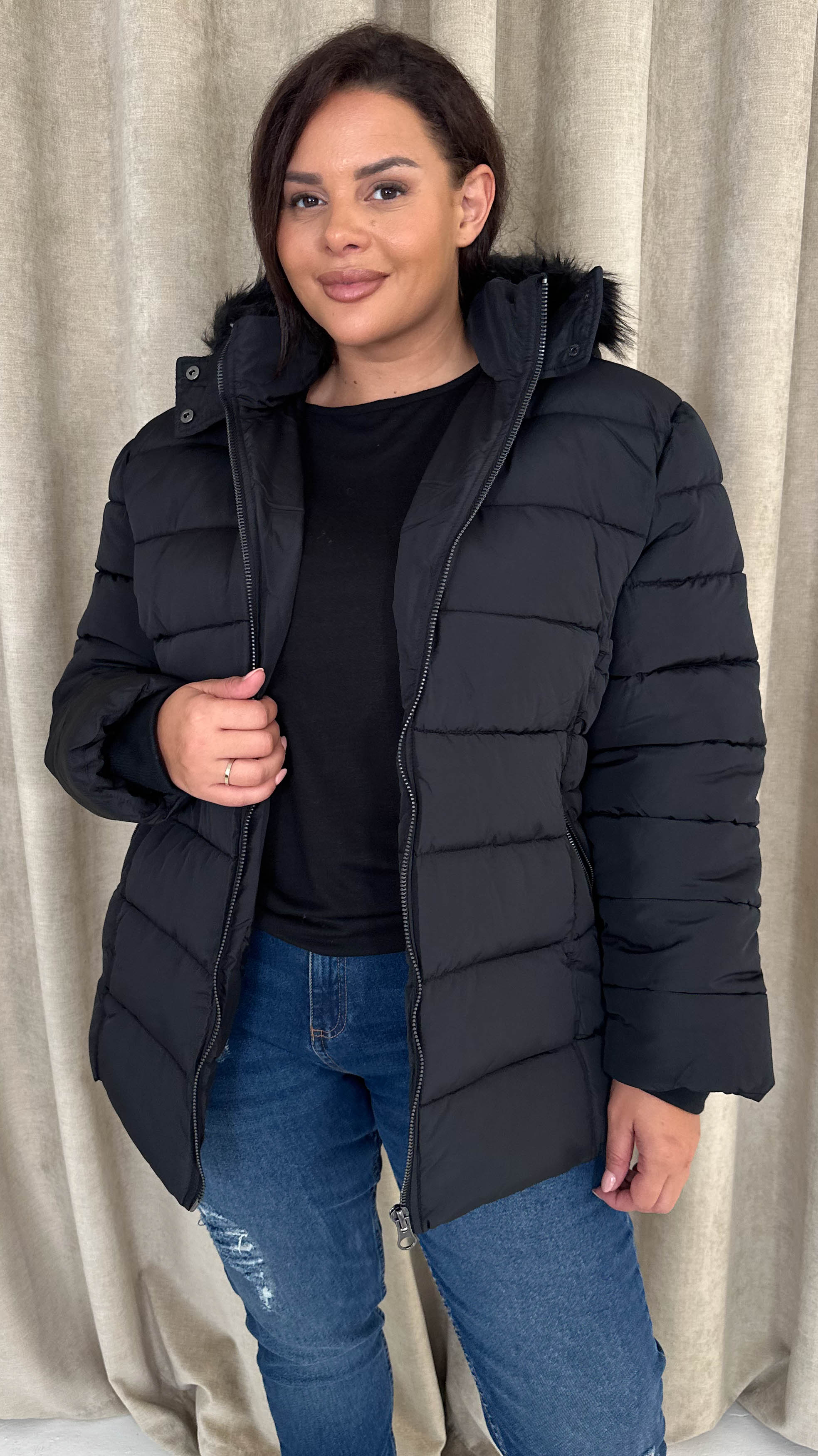 CurveWow Faux Fur Hooded Puffa Coat Black - Image 2