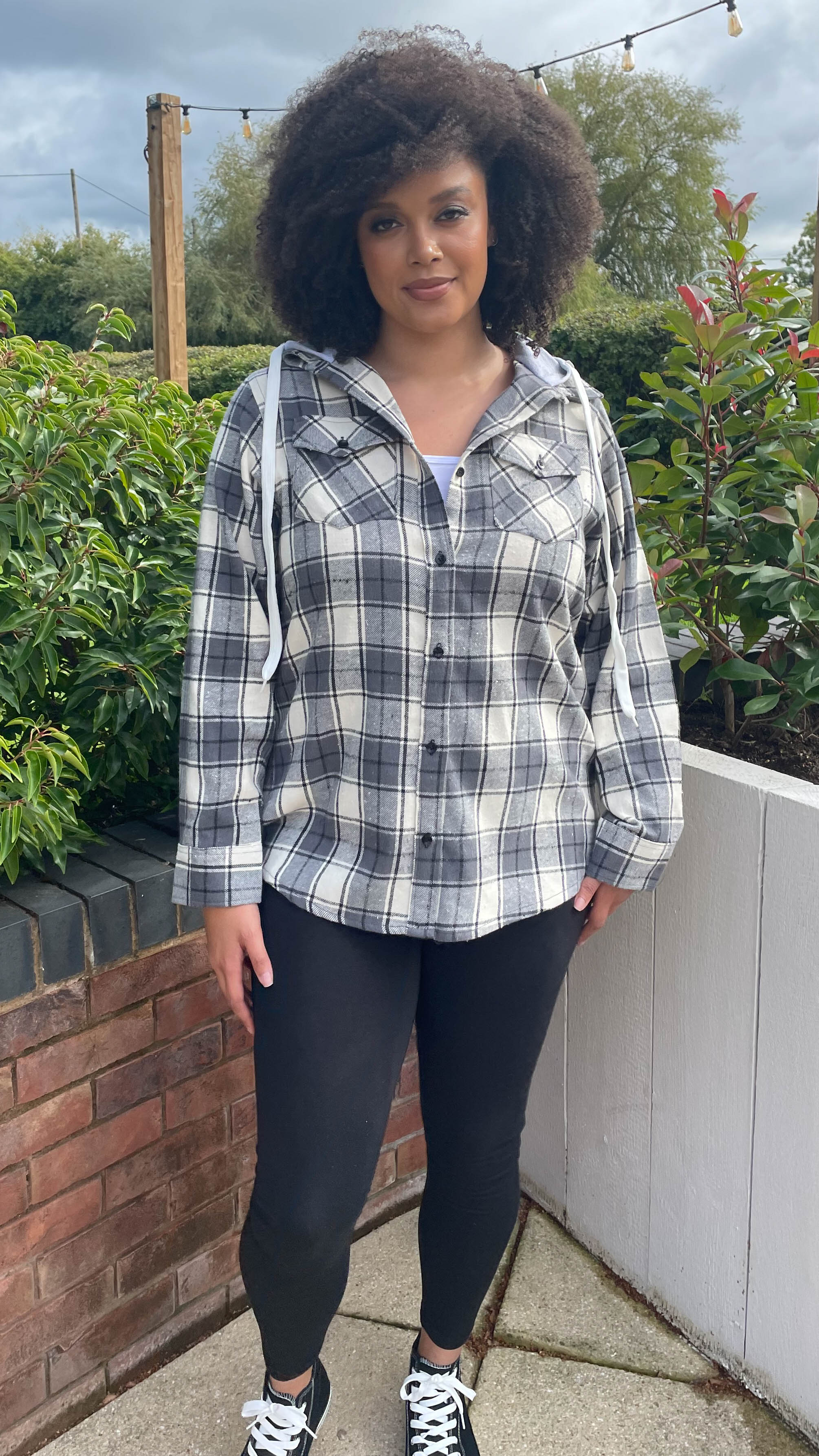 CurveWow Flannel Hooded Shirt Grey Check - Image 7