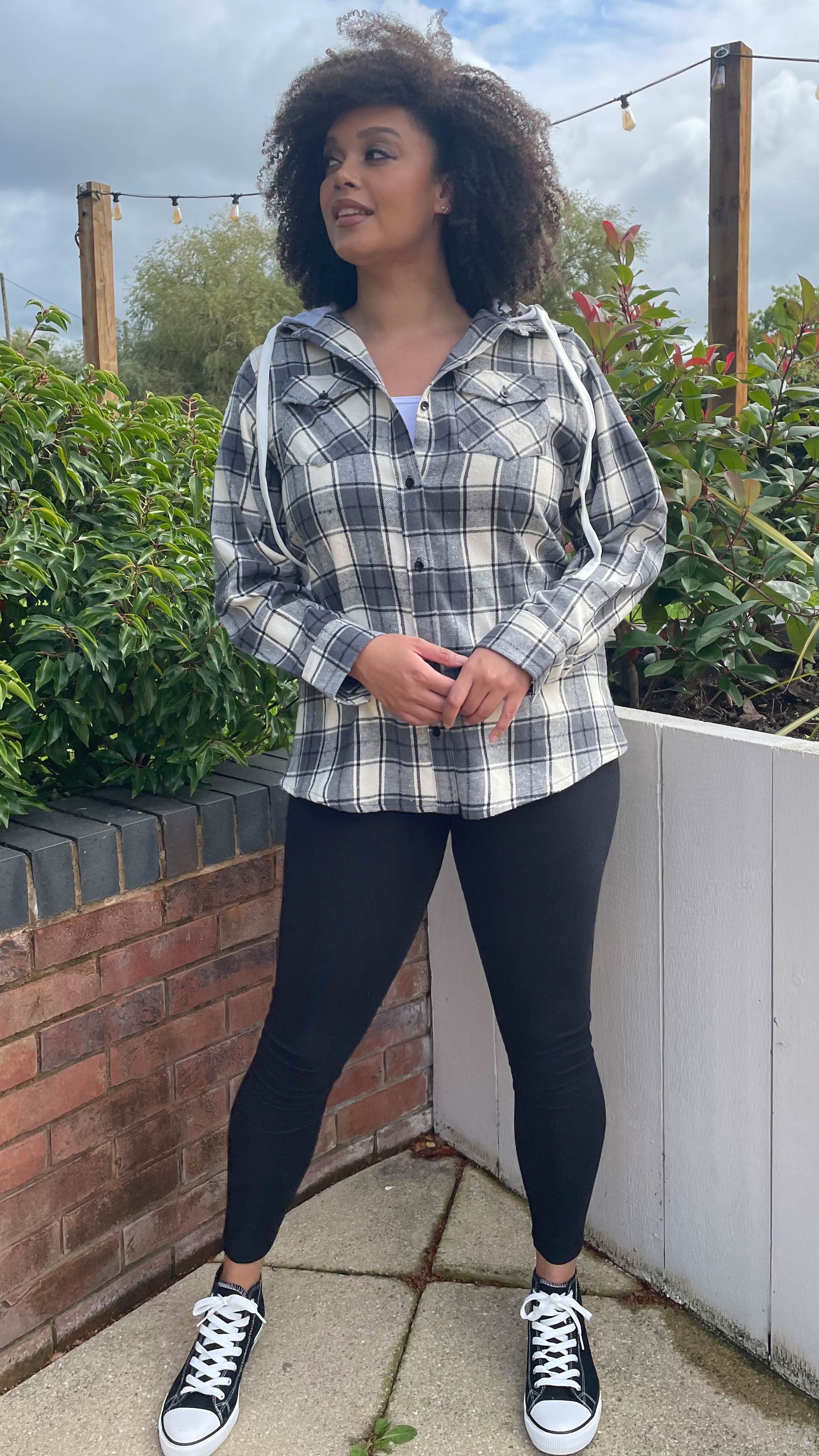 CurveWow Flannel Hooded Shirt Grey Check - Image 8