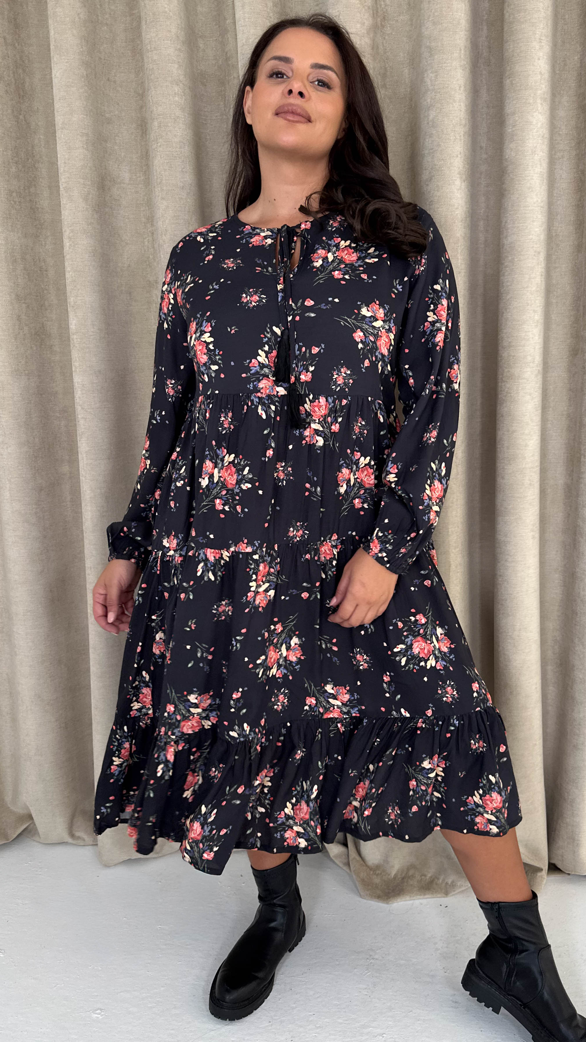 CurveWow Floral Tassel Tiered Dress Black Floral - Image 4