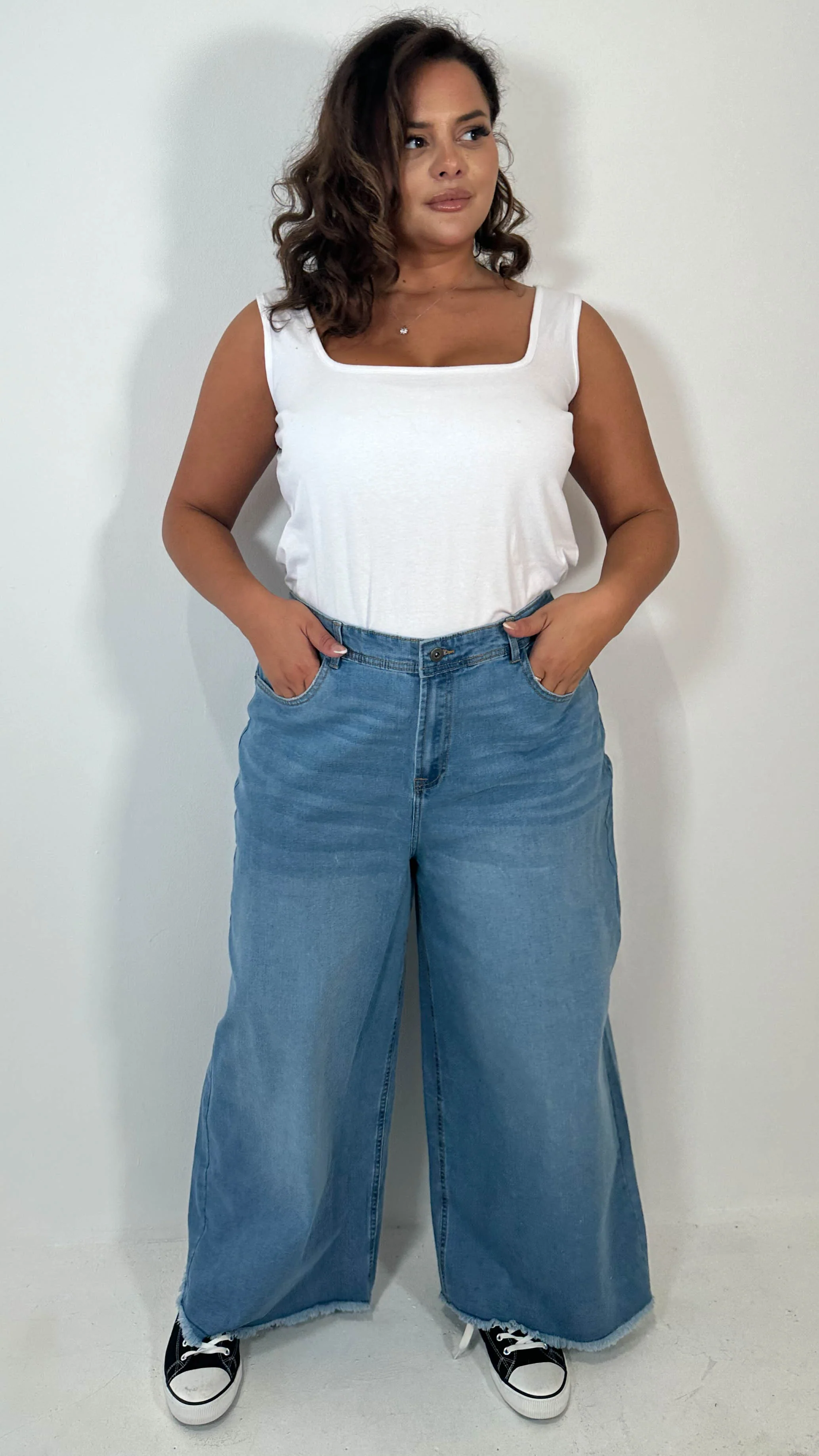 CurveWow Frayed Hem Wide Leg Jean Mid Blue - Image 5