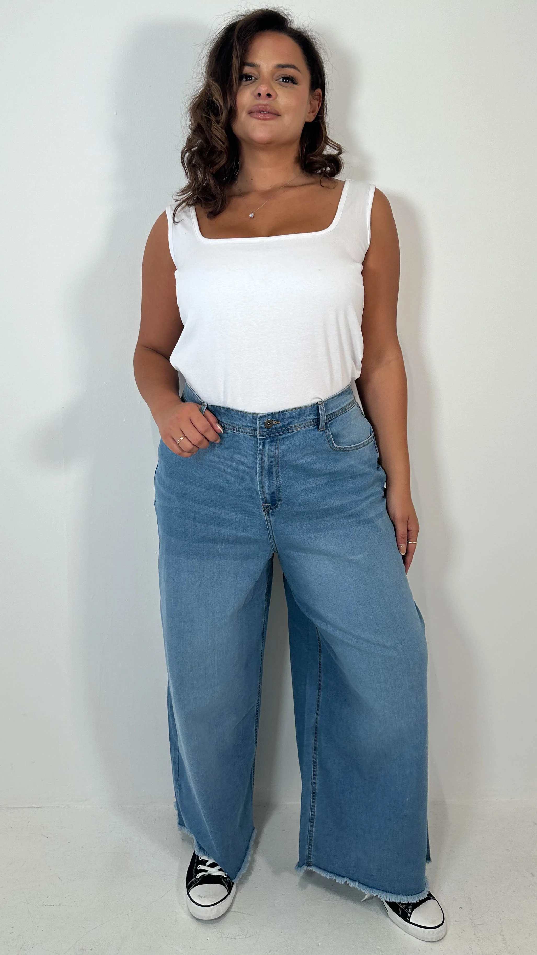 CurveWow Frayed Hem Wide Leg Jean Mid Blue - Image 6
