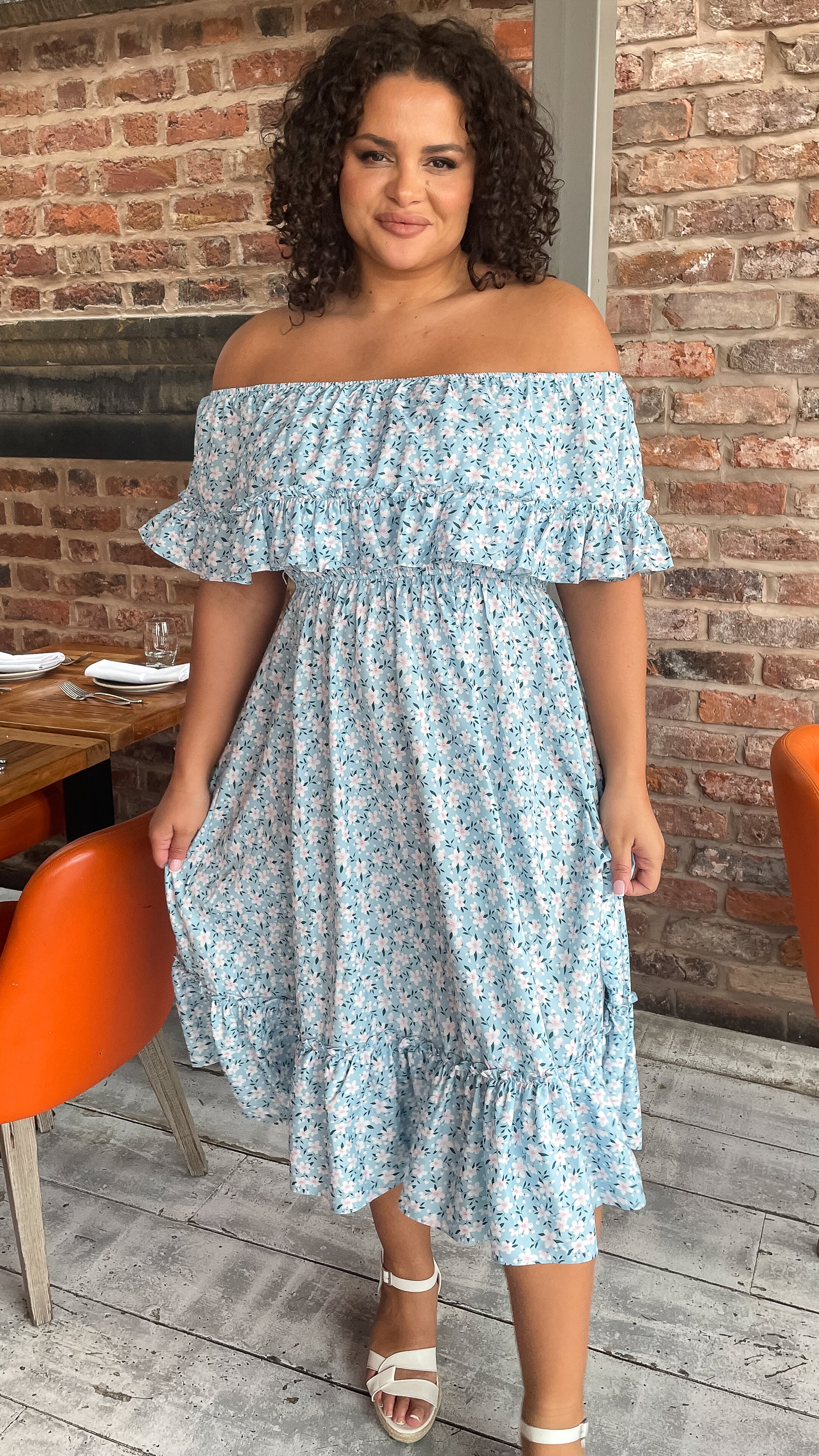 CurveWow Frill Bardot Dress Blue Floral - Image 5