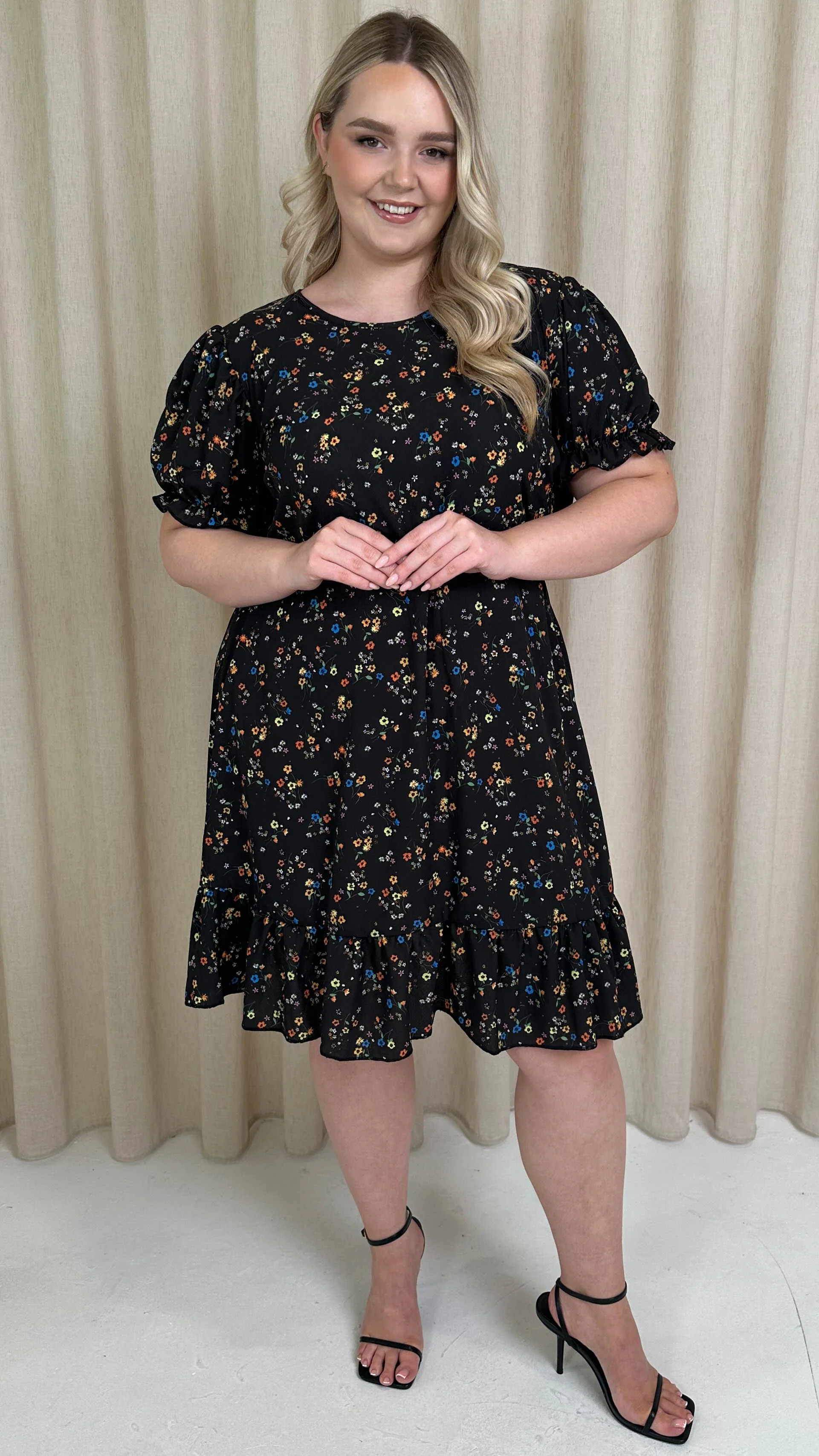 CurveWow Frill Hem Puff Sleeve Tea Dress Multi Ditsy