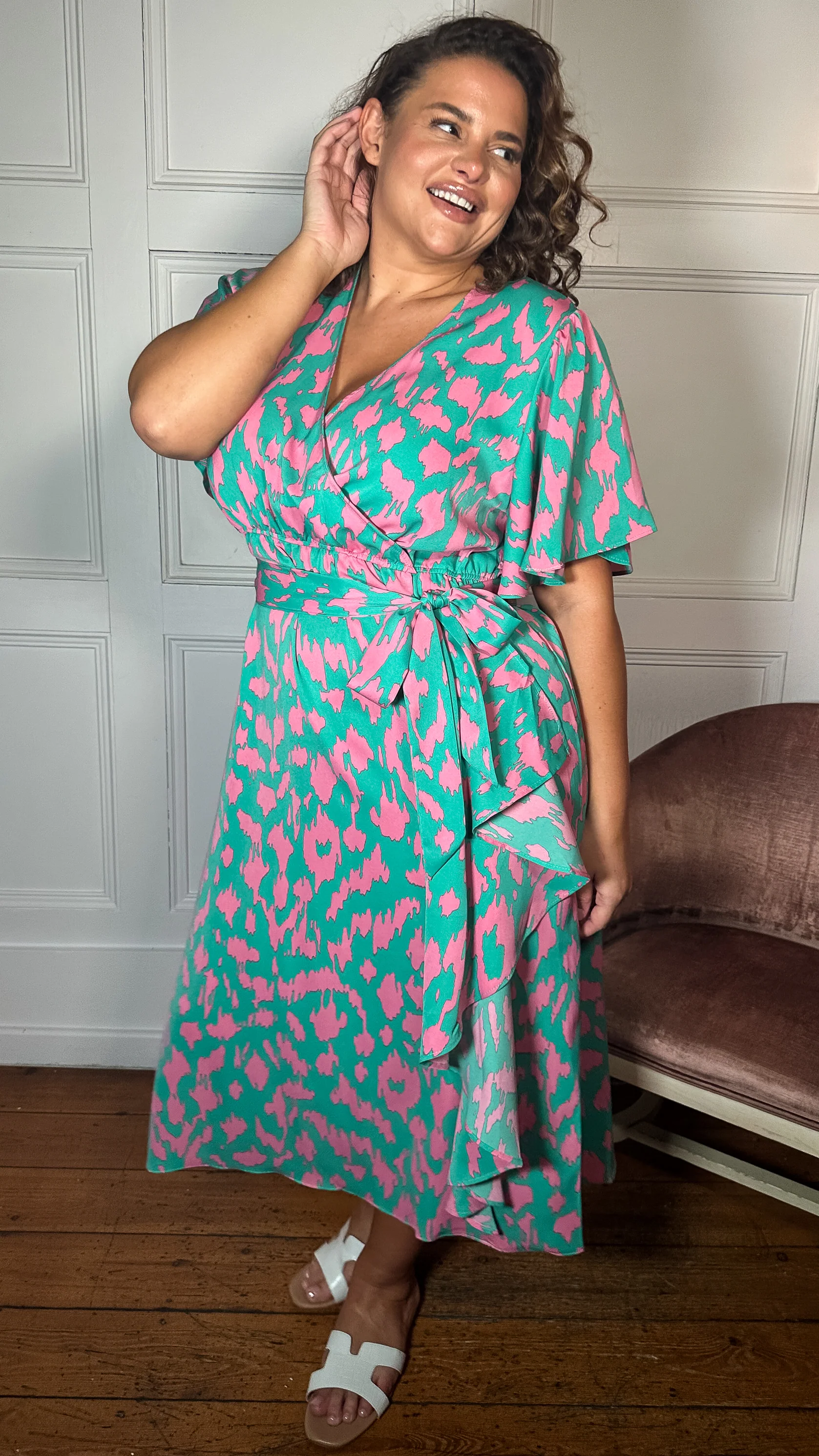 CurveWow Frill Angel Sleeve Wrap Midi Dress Green Animal - Image 5