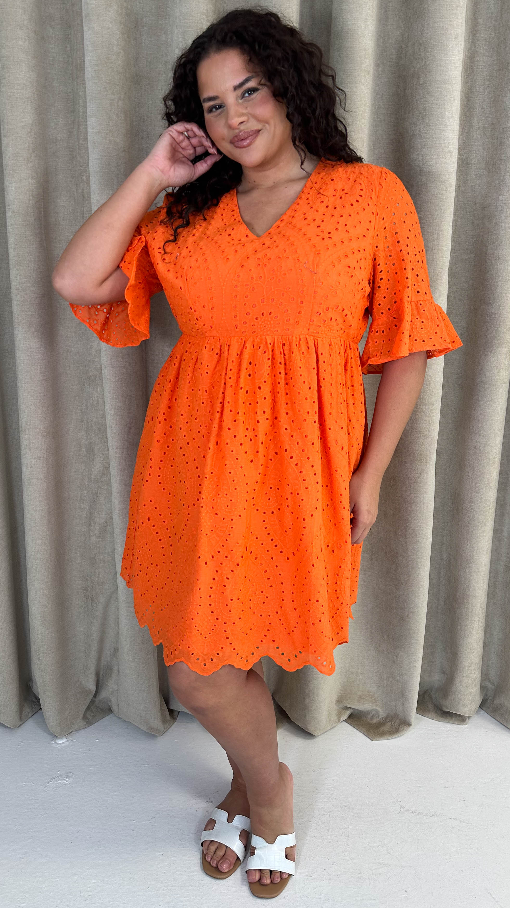 CurveWow Frill Sleeve Broderie Smock Dress Orange - Image 4