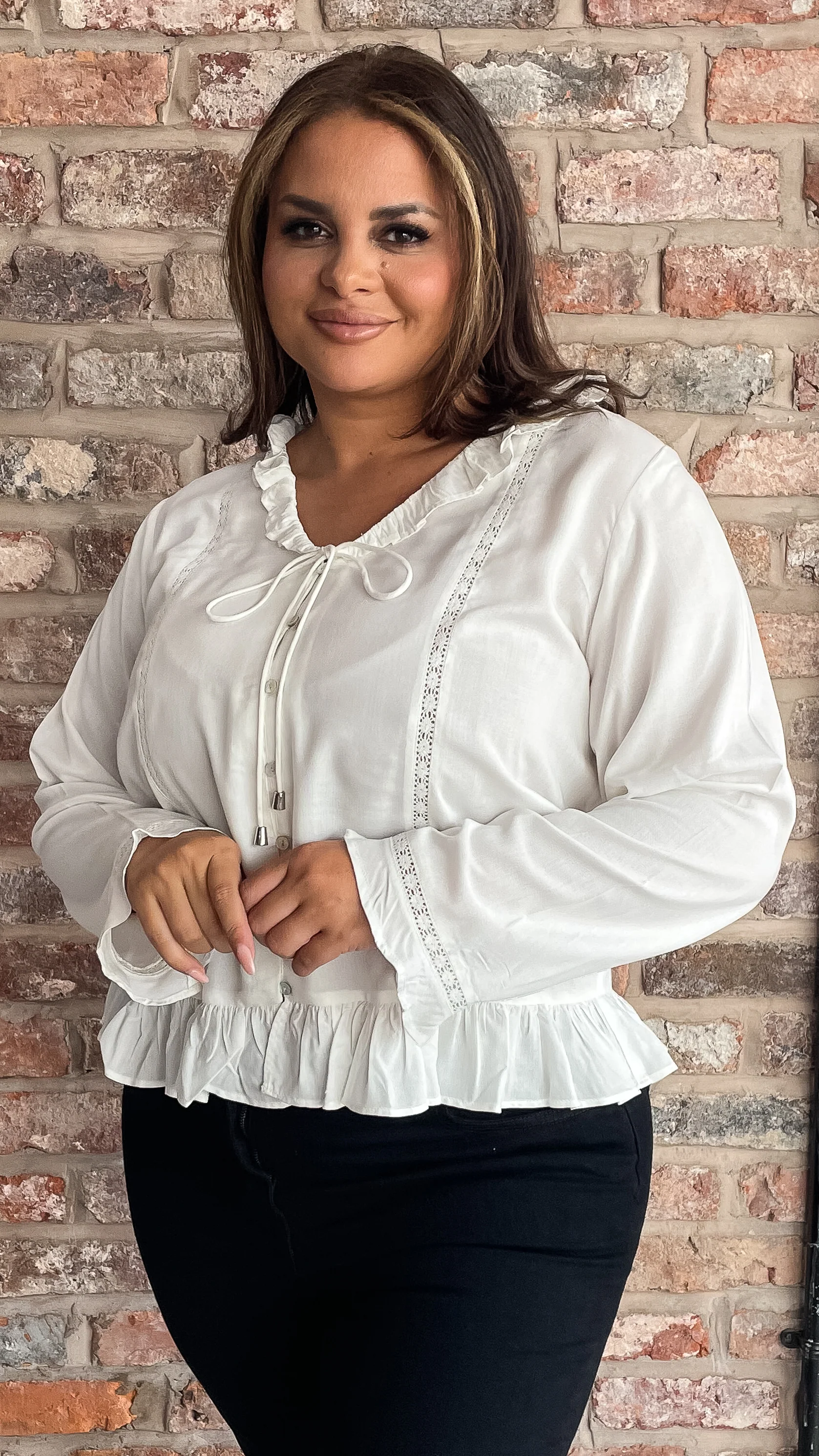 CurveWow Frill V Neck Blouse White - Image 6