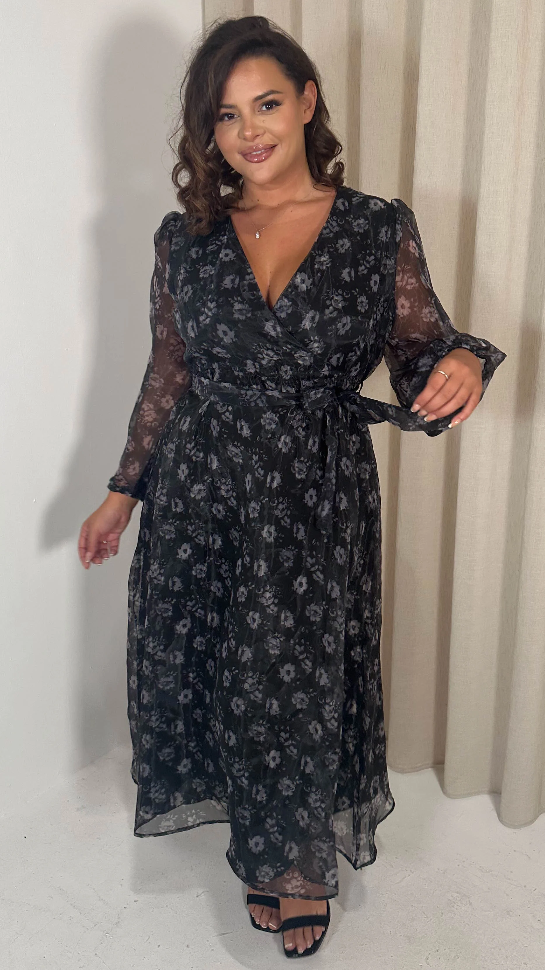 CurveWow Full Organza Printed Wrap Dress Black Floral - Image 5