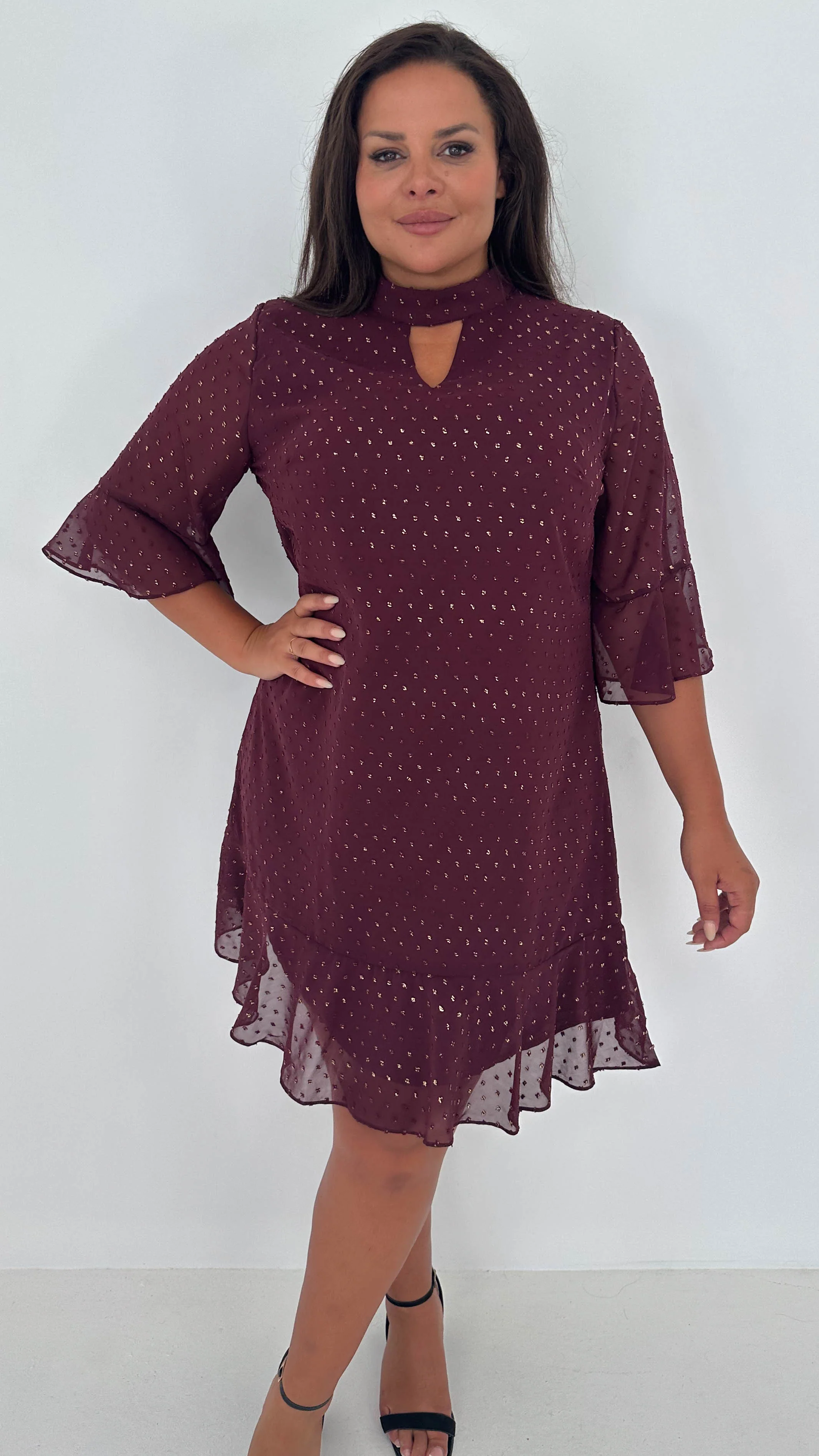 CurveWow Gold Spot Keyhole Shift Dress Plum - Image 7