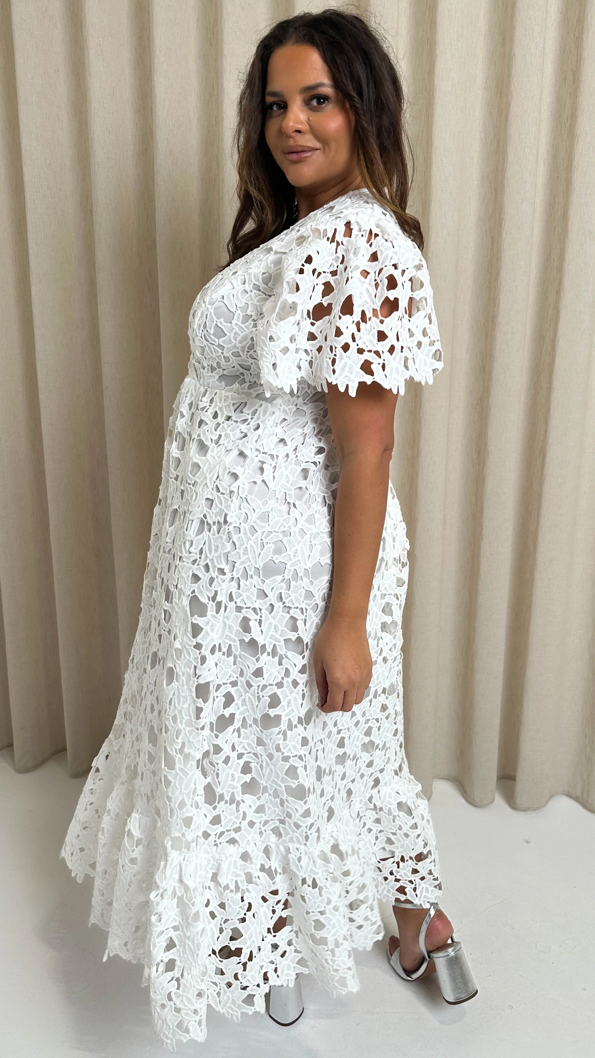 CurveWow  Guipure Lace Occasion Maxi Dress White - Image 9