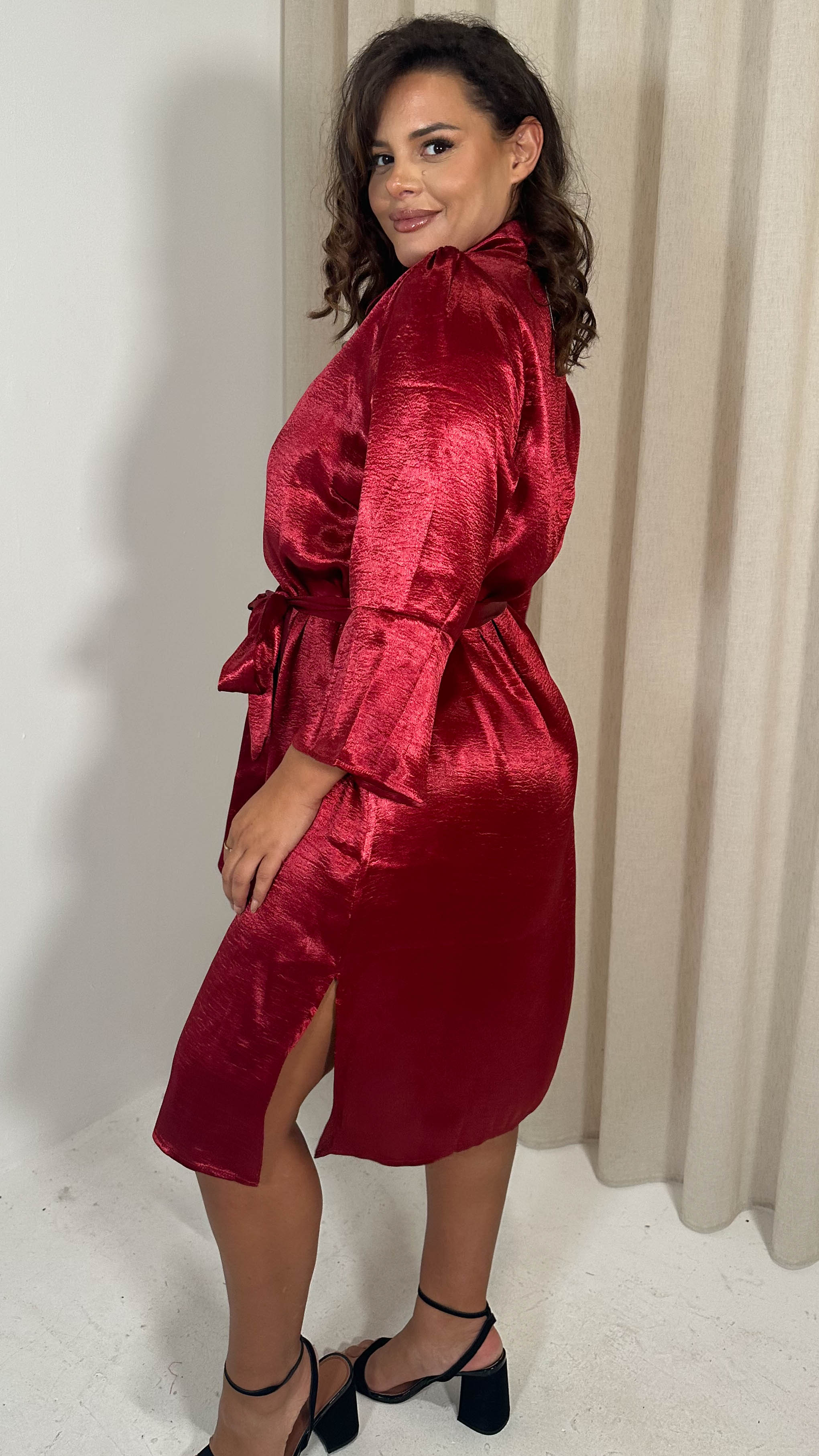 CurveWow Hammered Satin Longline Shirt Dress Wine - Image 8