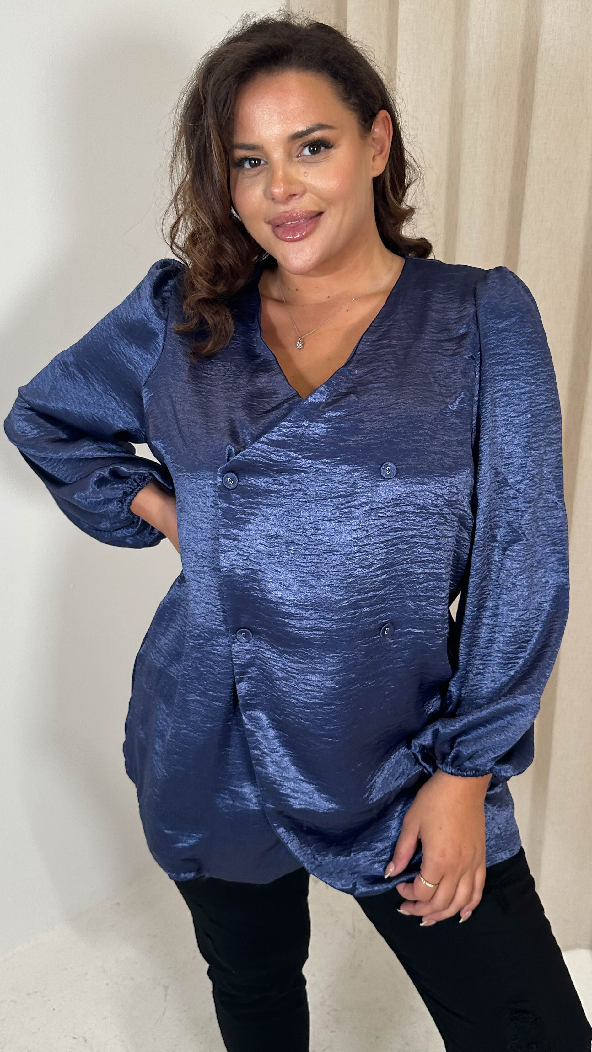 CurveWow Hammered Satin Wrap Blouse Navy - Image 7