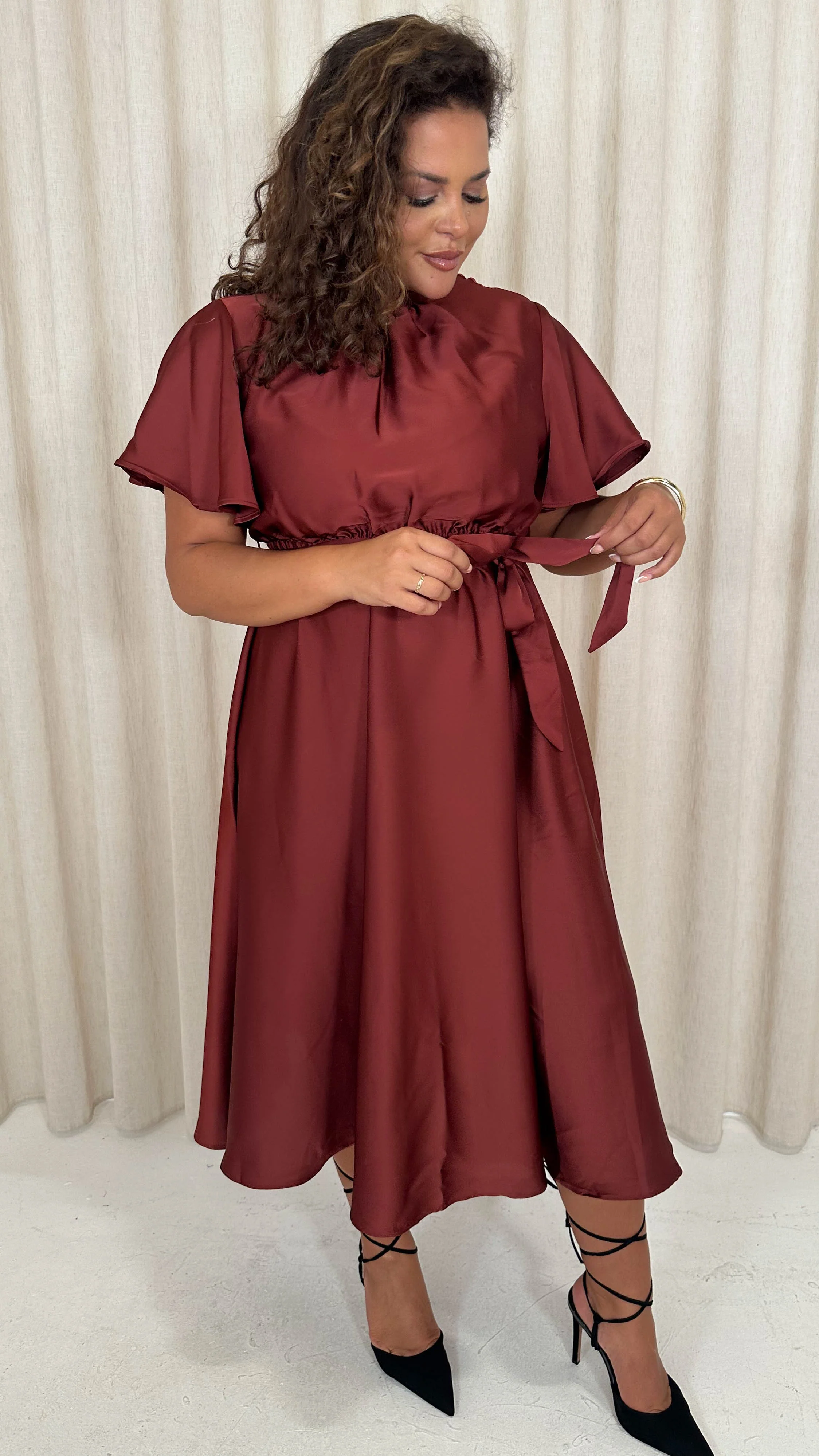 CurveWow High Neck Angel Sleeve Midi Dress Dark Rust - Image 8