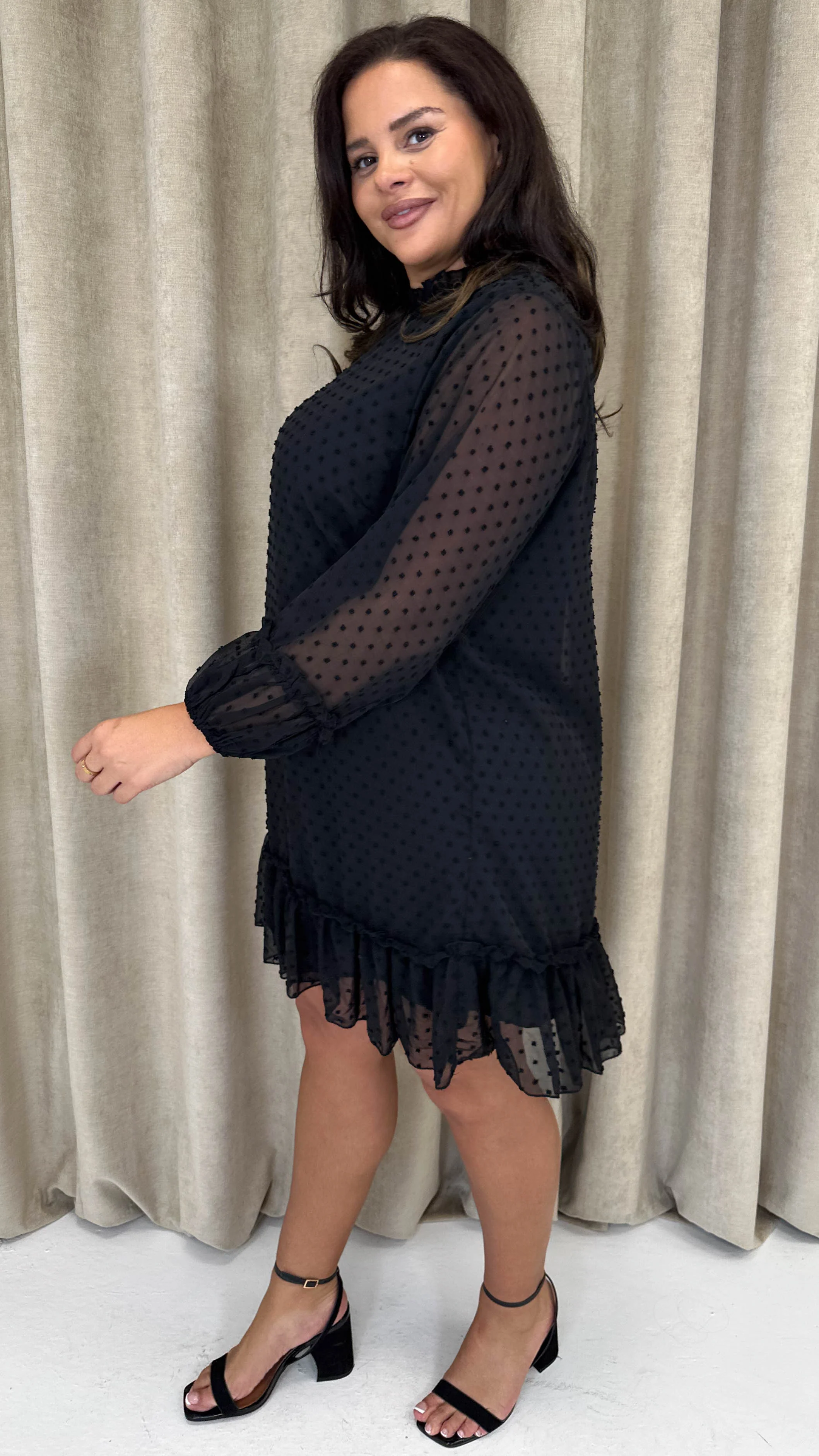 CurveWow High Neck Dobby Mesh Mini Dress Black - Image 8