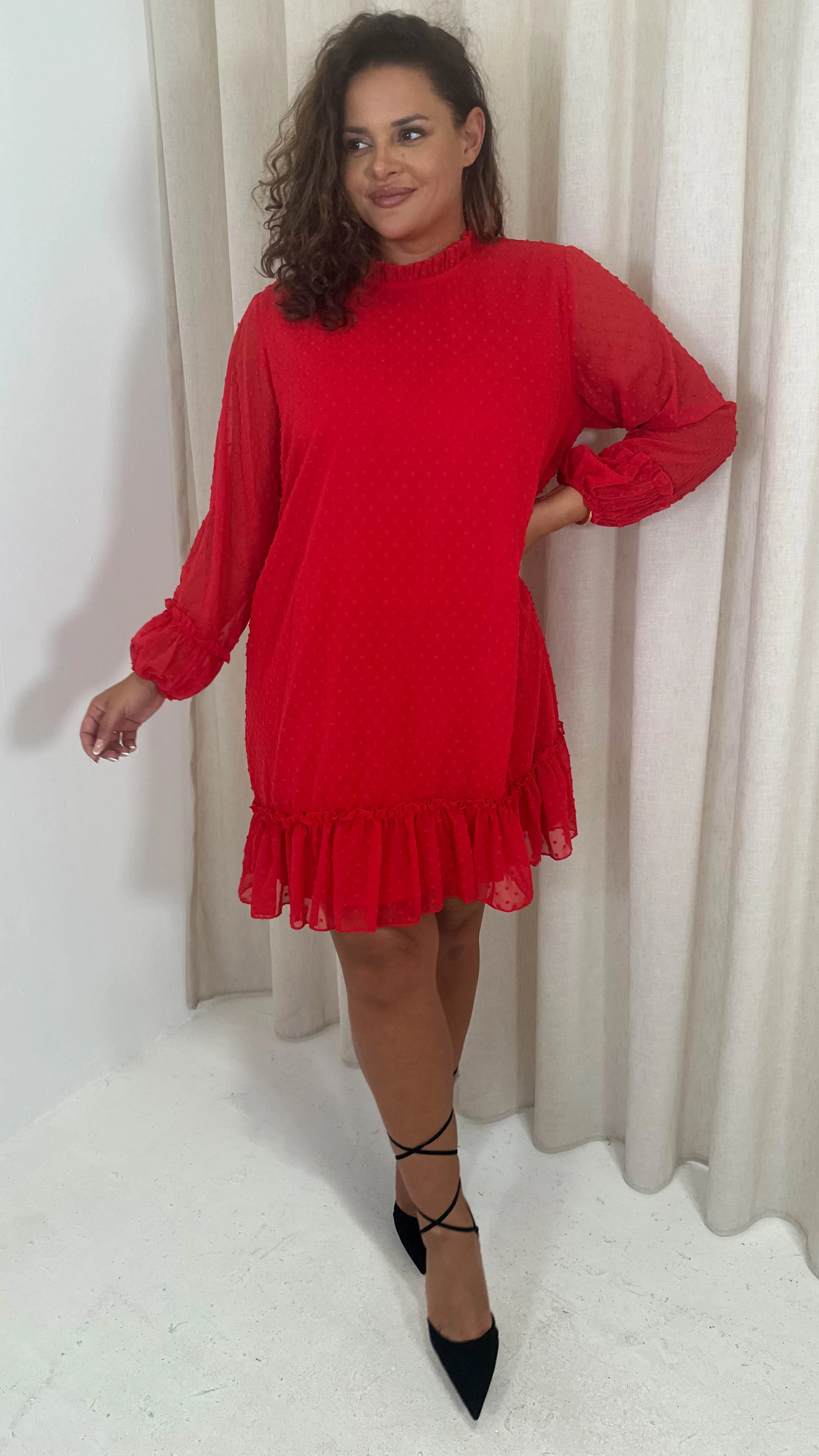CurveWow High Neck Dobby Mesh Mini Dress Red - Image 3