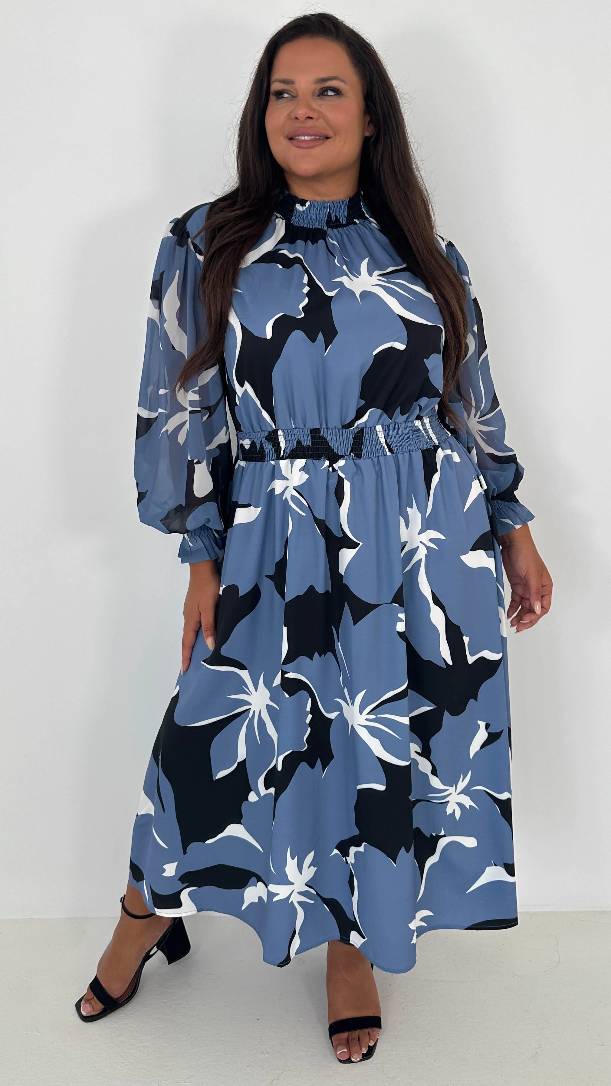 CurveWow High Neck Midaxi Dress Blue Floral
