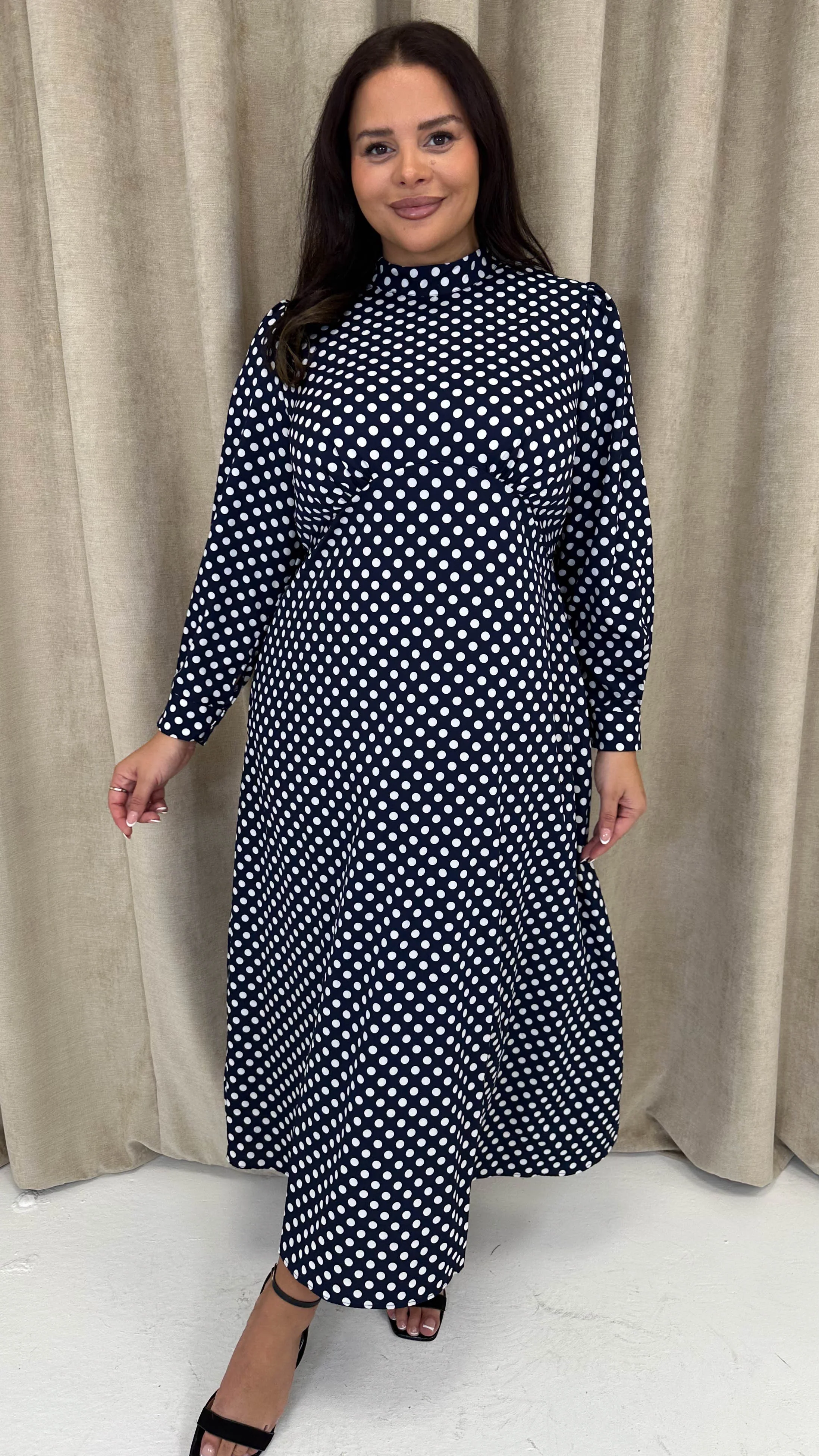 CurveWow High Neck Polka Maxi Dress Navy - Image 8