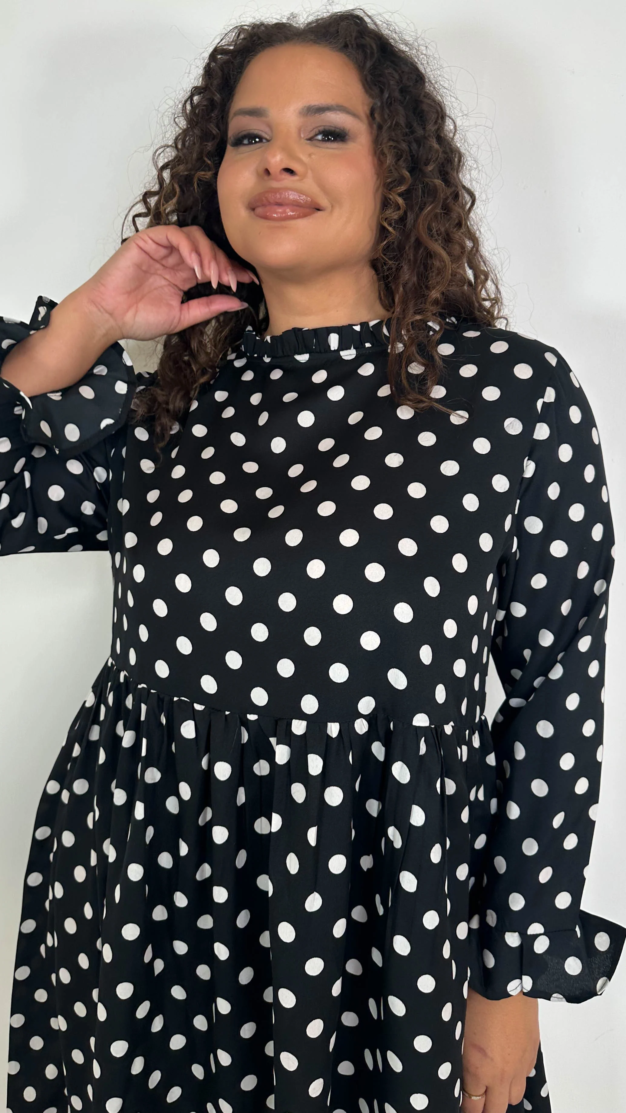 CurveWow High Neck Smock Dress White/Black Polka Dot - Image 2