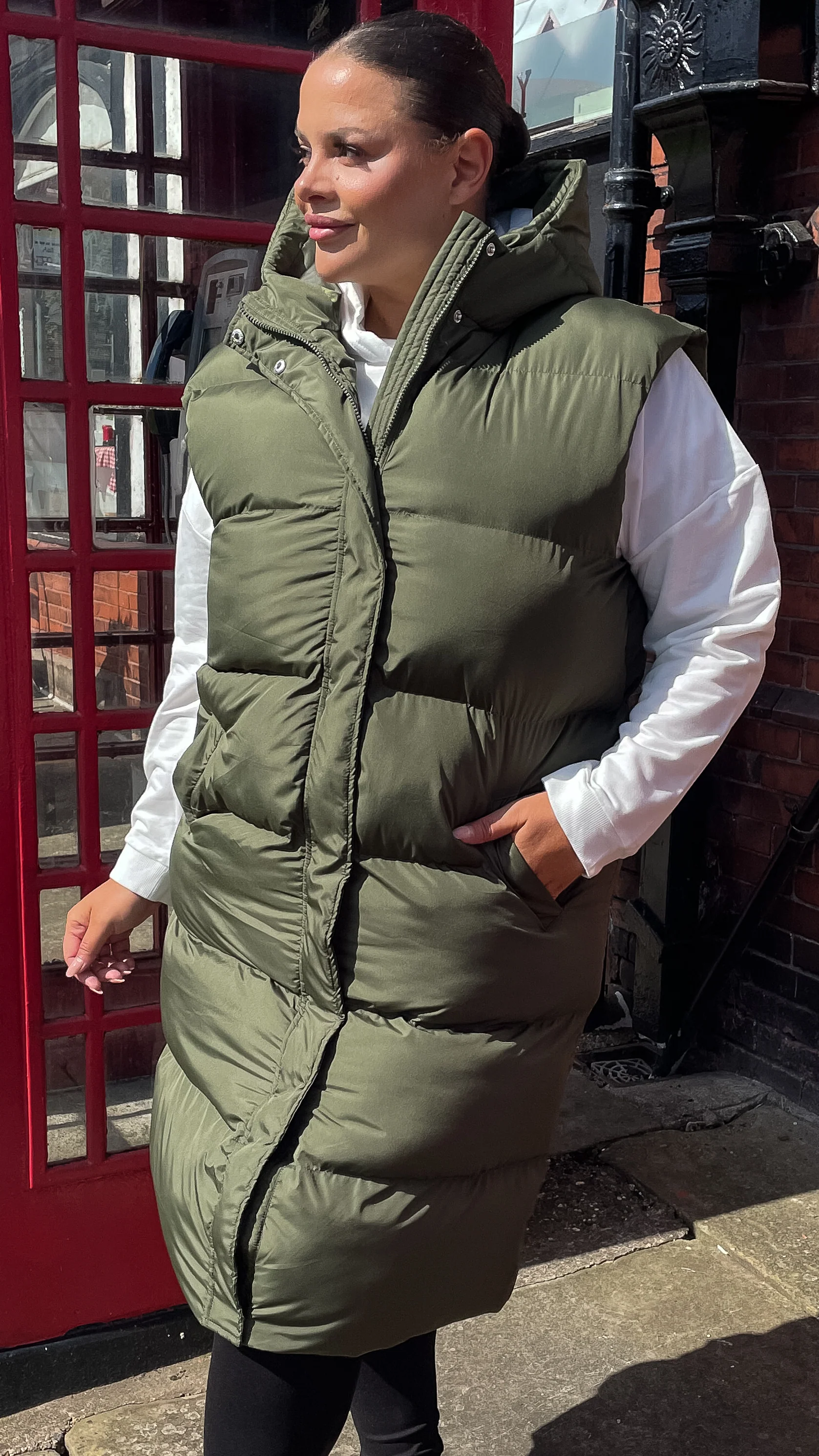 CurveWow Hooded Longline Gilet Khaki - Image 4