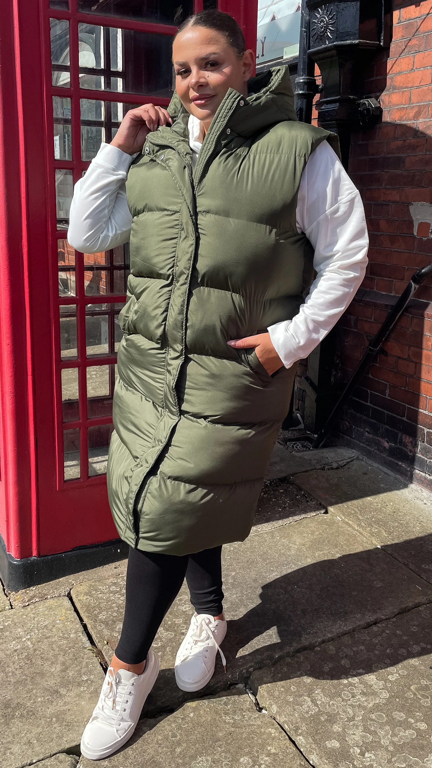 CurveWow Hooded Longline Gilet Khaki - Image 5