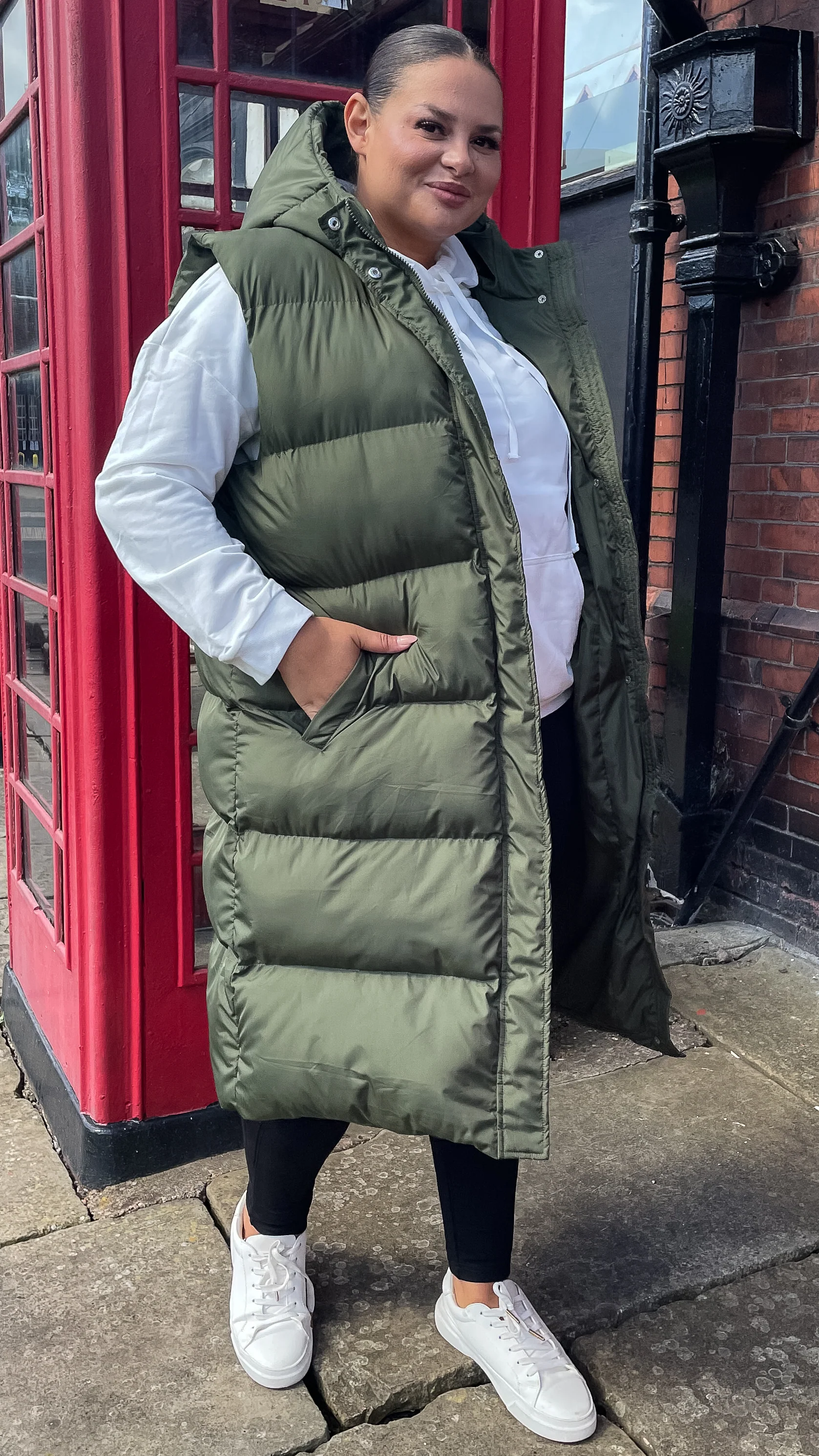 CurveWow Hooded Longline Gilet Khaki - Image 7